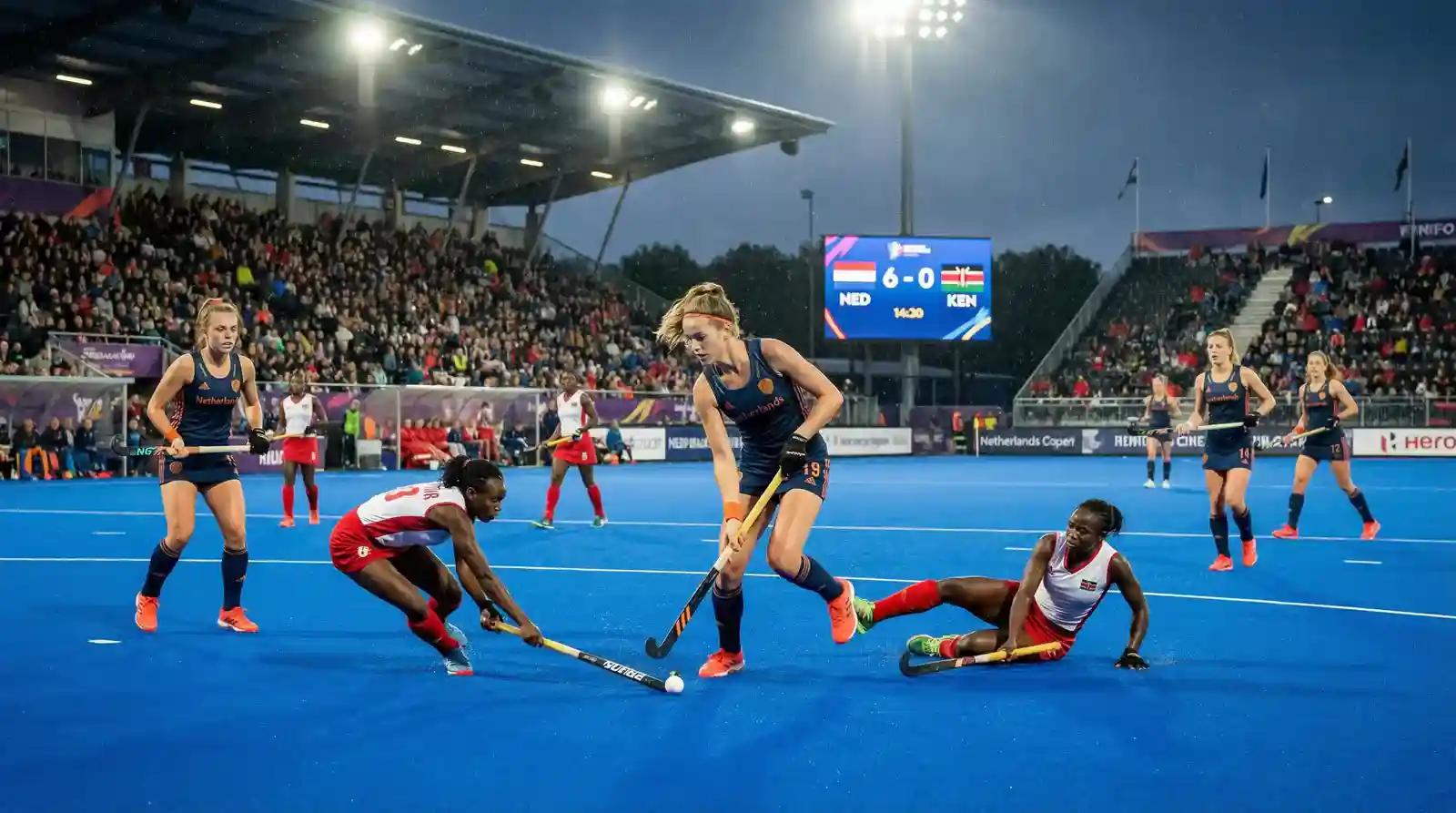Hockeywedstrijd tussen twee teams met duidelijk niveauverschil op een professioneel veld