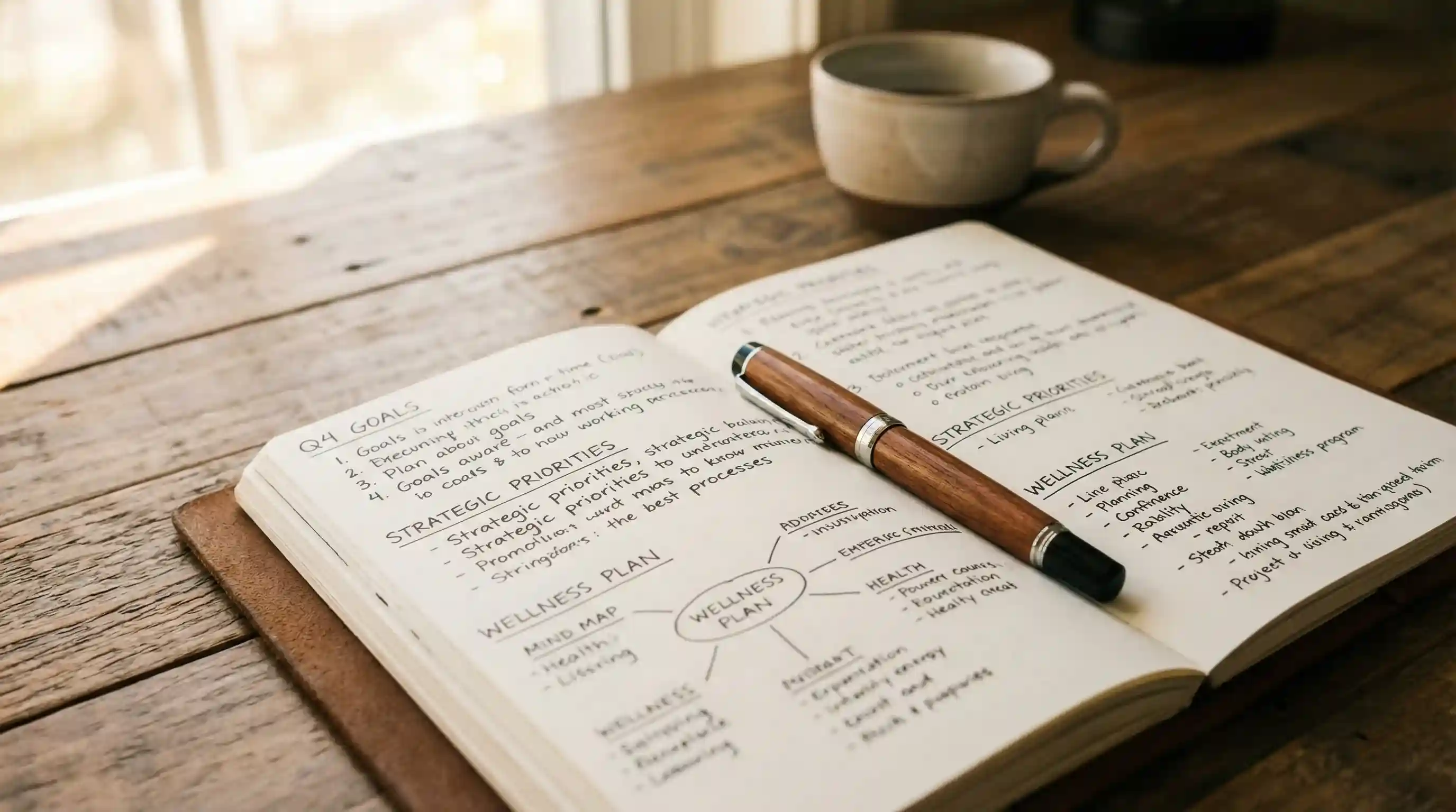 Notitieboekje met handgeschreven aantekeningen en een pen op een bureau