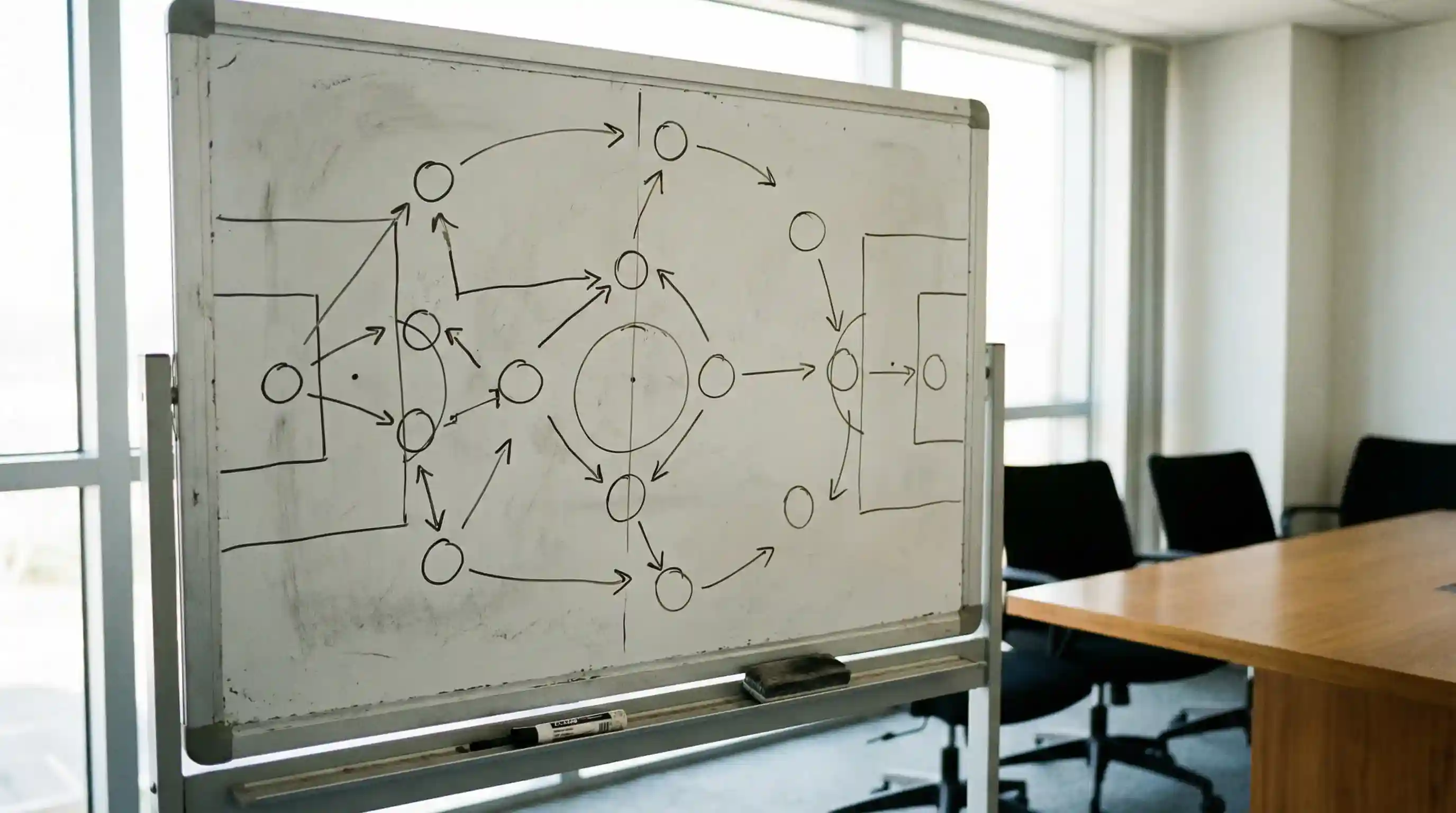 Whiteboard met eenvoudige sportdiagrammen en pijlen die strategie uitleggen