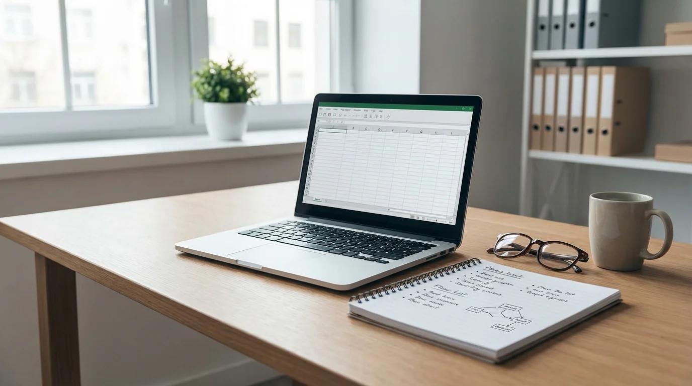 Georganiseerde werkruimte met laptop en notitieboek die gedisciplineerde aanpak toont