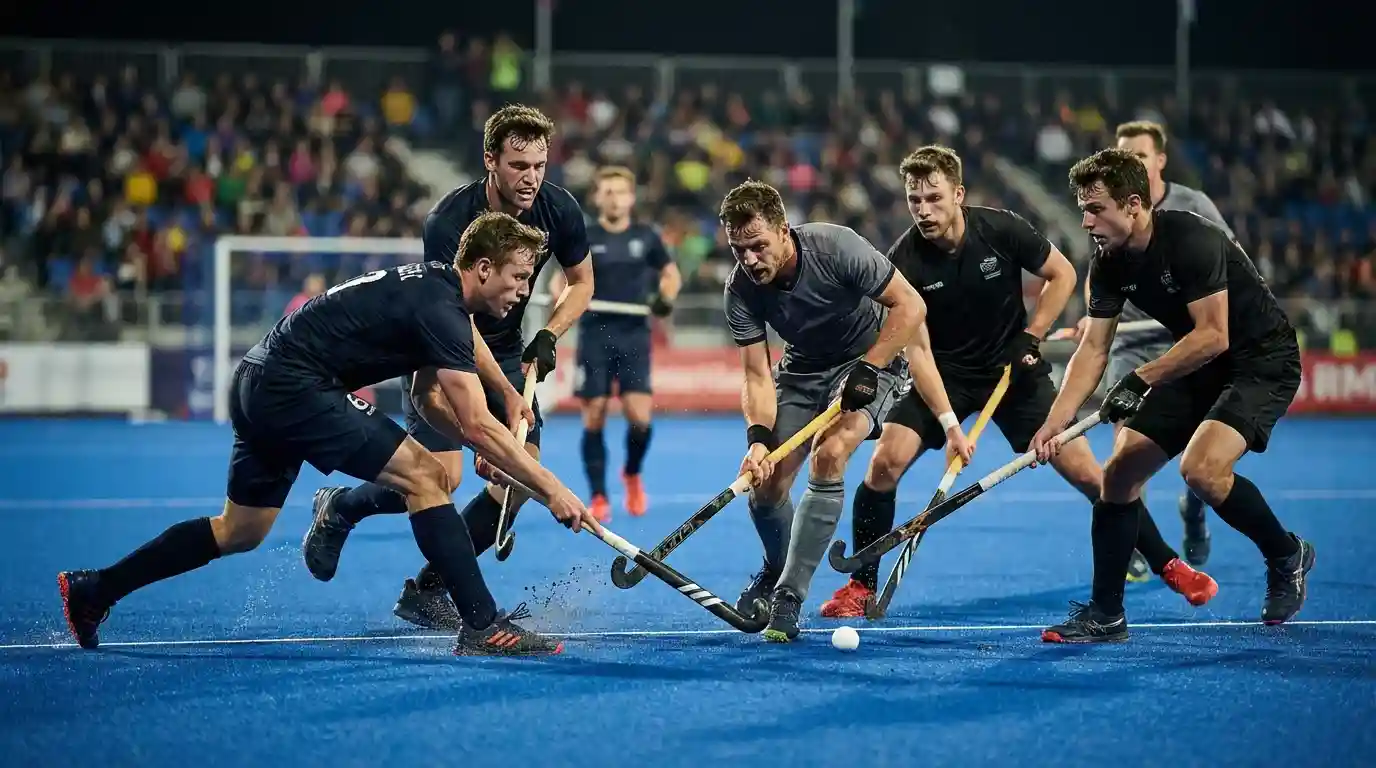 Veldhockeywedstrijd met spelers in actie op een professioneel veld