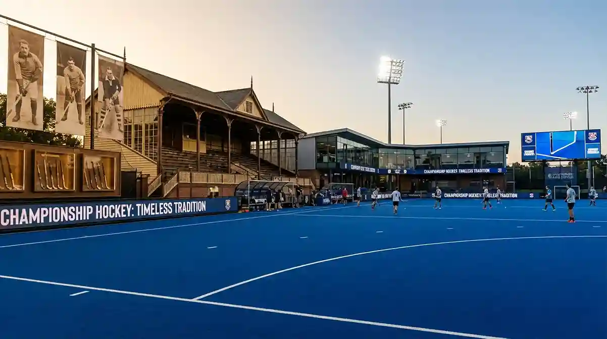 Hockeyveld met historische en moderne elementen die de evolutie van de sport tonen