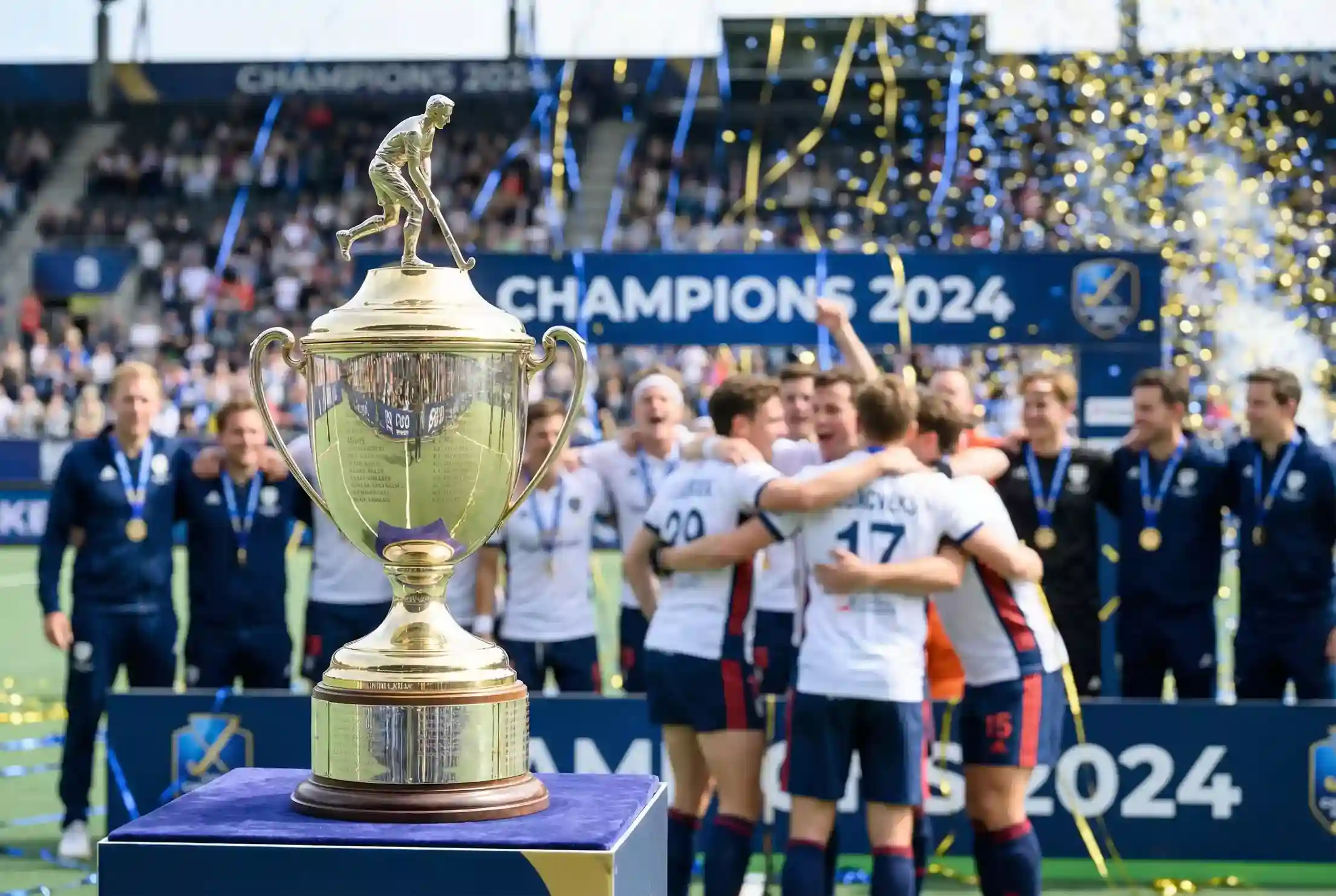 Hockeytrofee op een podium met winnend team op de achtergrond