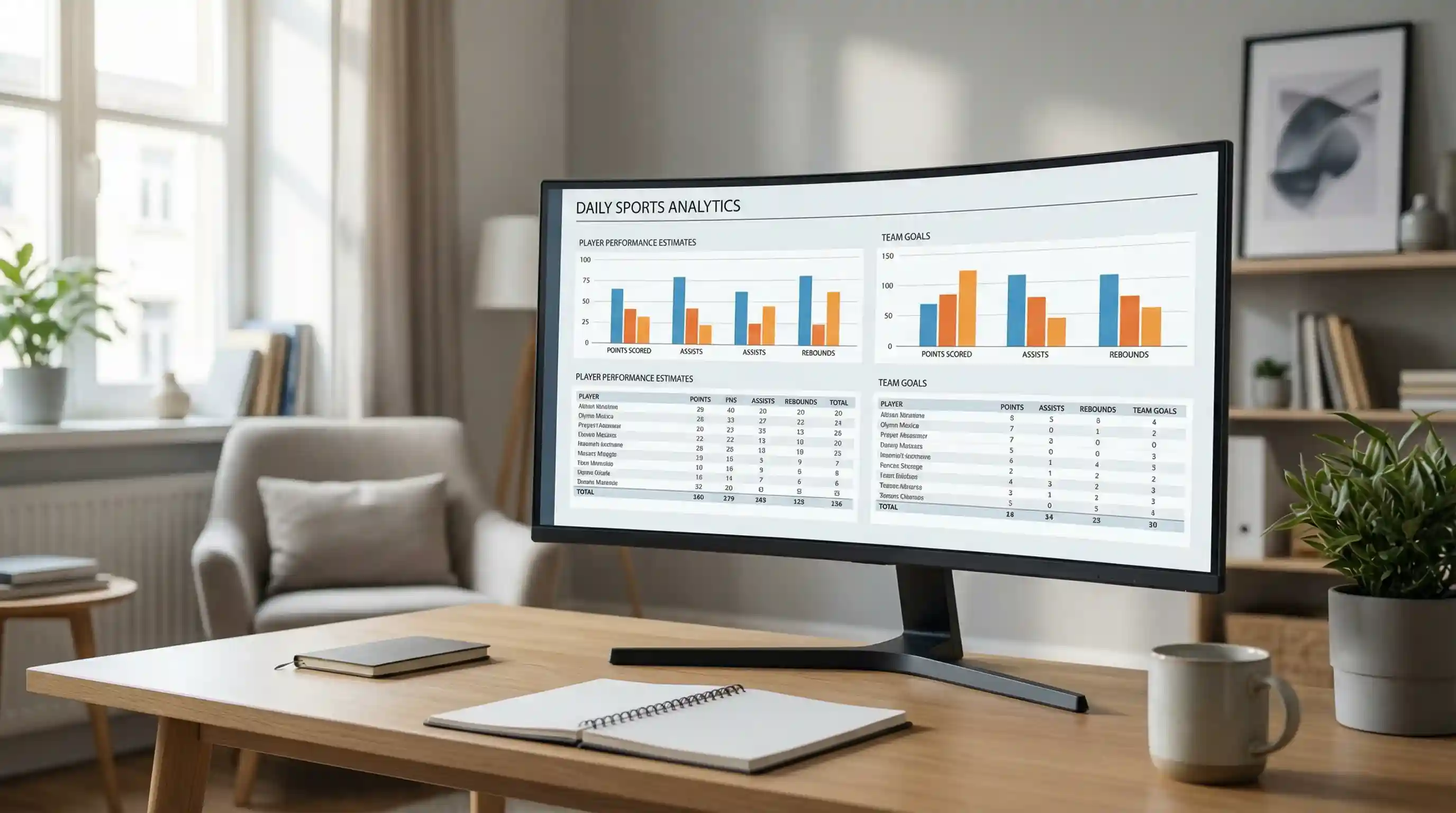 Sportstatistieken weergegeven op een computerscherm in een moderne werkruimte