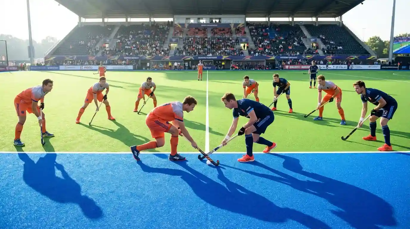 Hockeyspelers aan het begin van een wedstrijd tijdens de aftrap op een professioneel veld