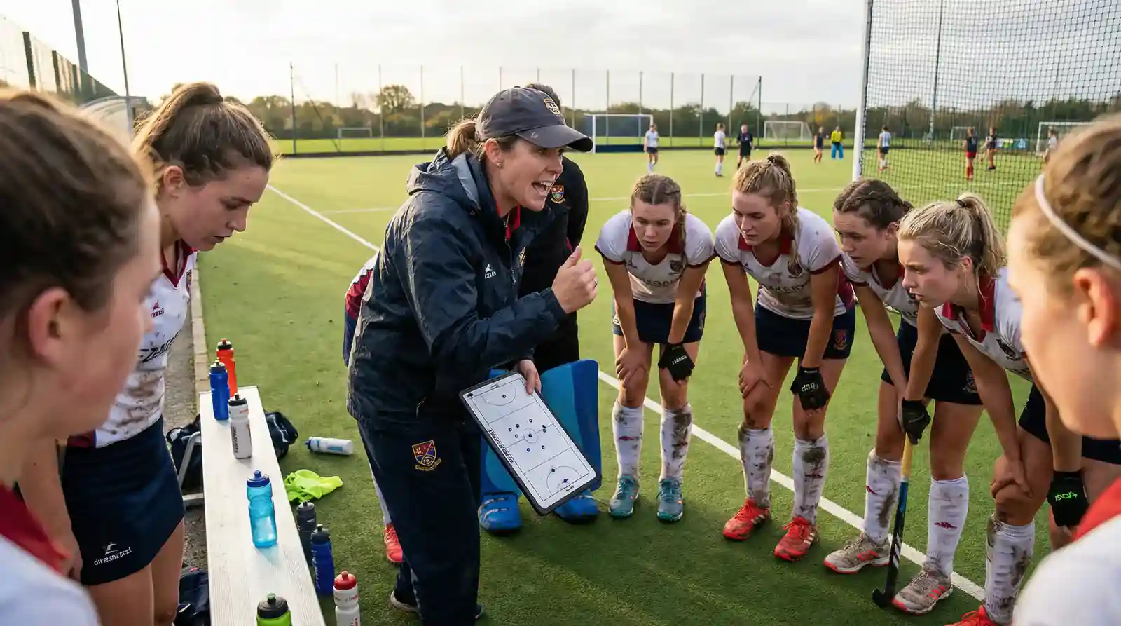 Hockeycoach die instructies geeft aan het team tijdens een time-out