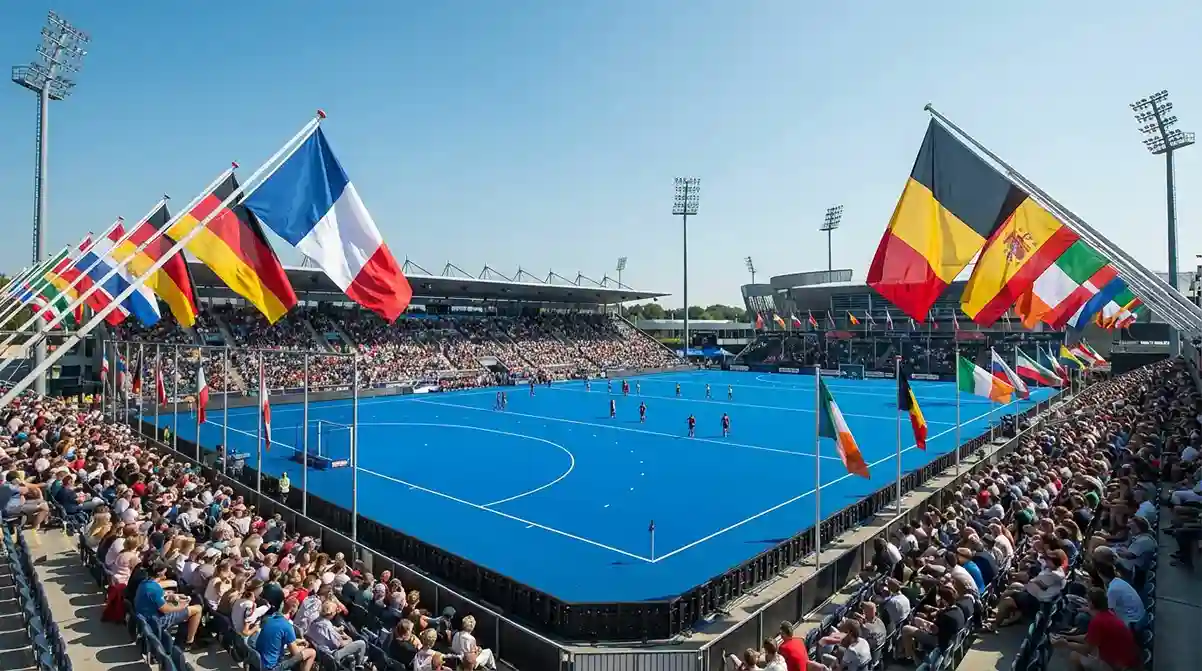 Hockeyveld met Europese vlaggen in de wind bij een internationaal toernooi