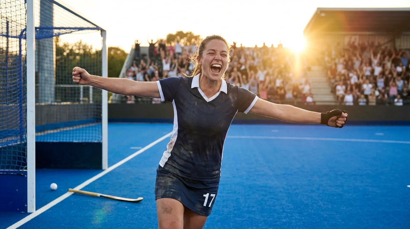 Hockeyspeler die een doelpunt viert met armen in de lucht op het veld