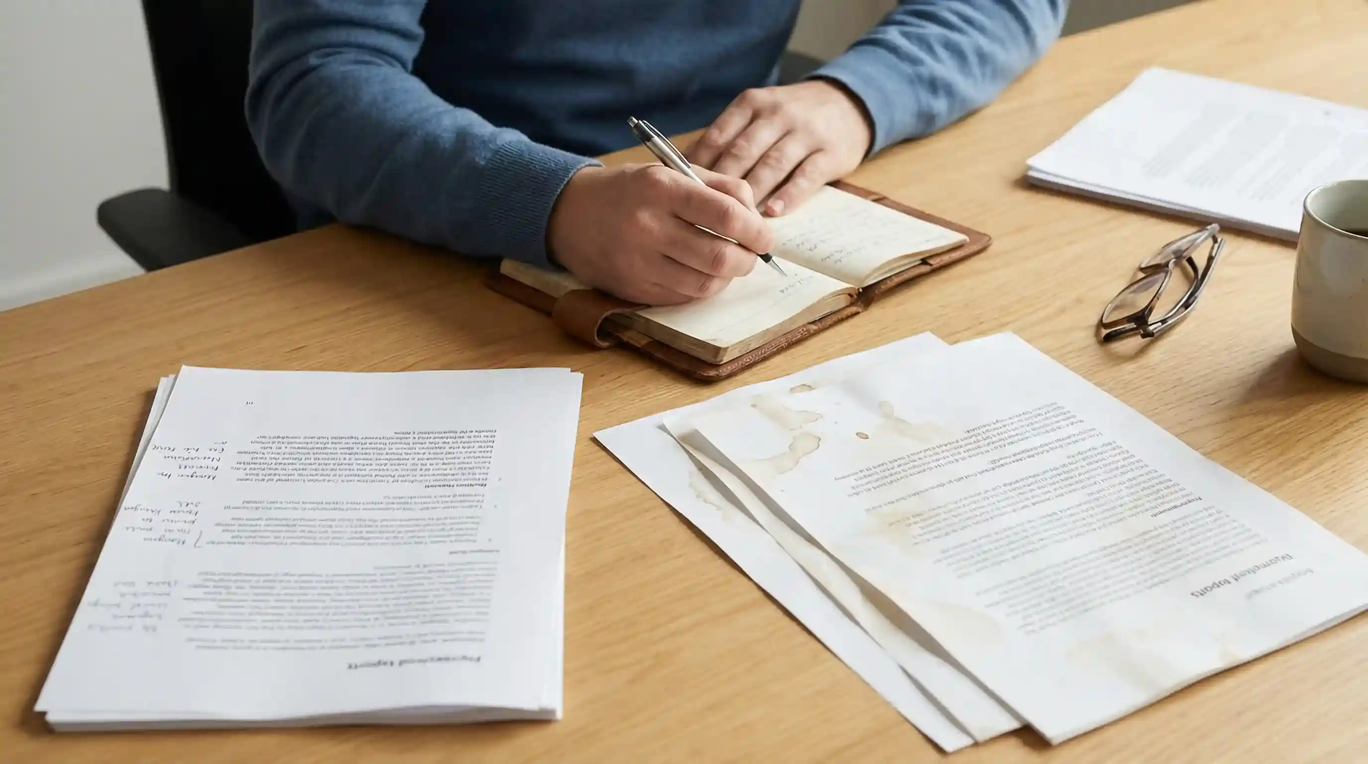 Persoon die documenten bestudeert aan een bureau met een notitieboekje en pen