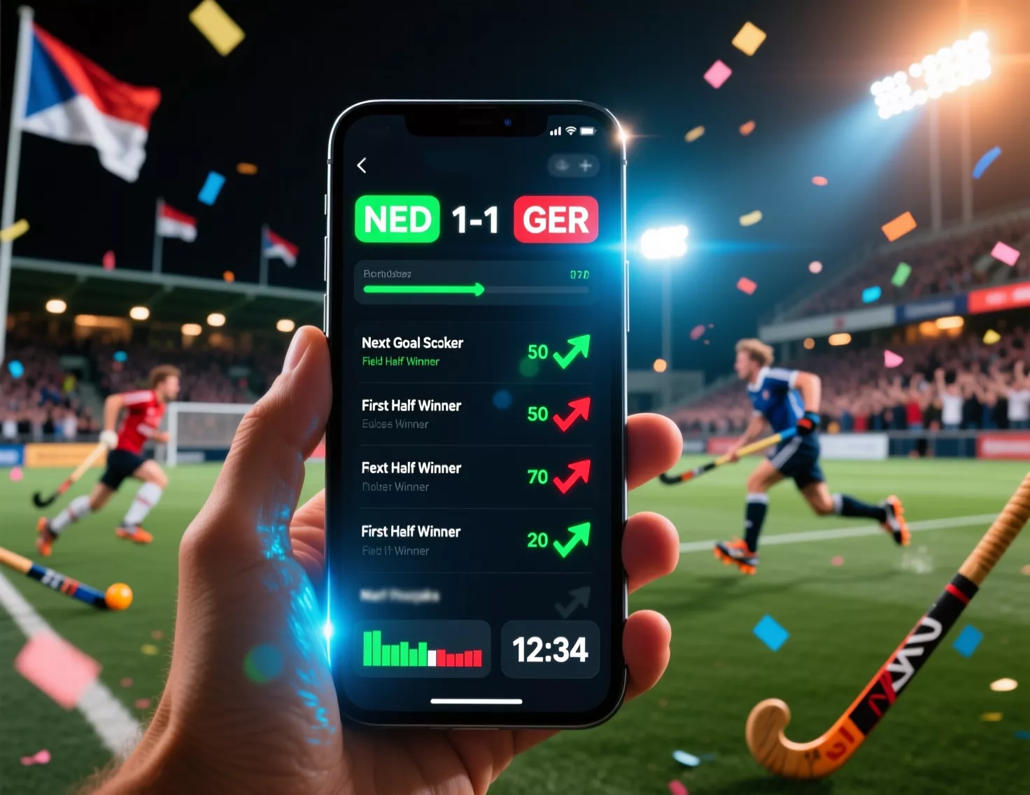 Smartphone met live betting interface voor hockey wedstrijd met real-time odds