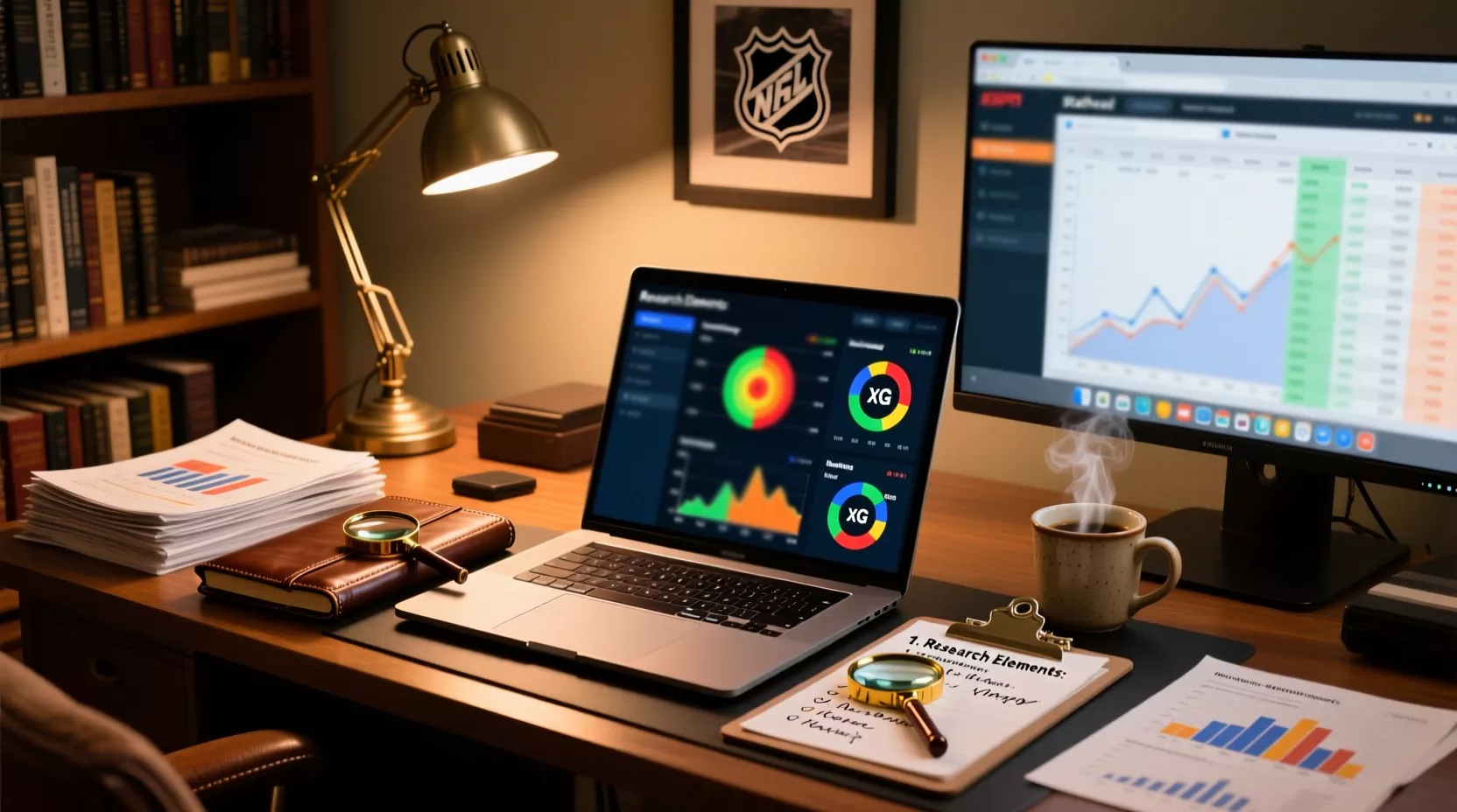 Hockey onderzoek en analyse werkplek met statistieken en data