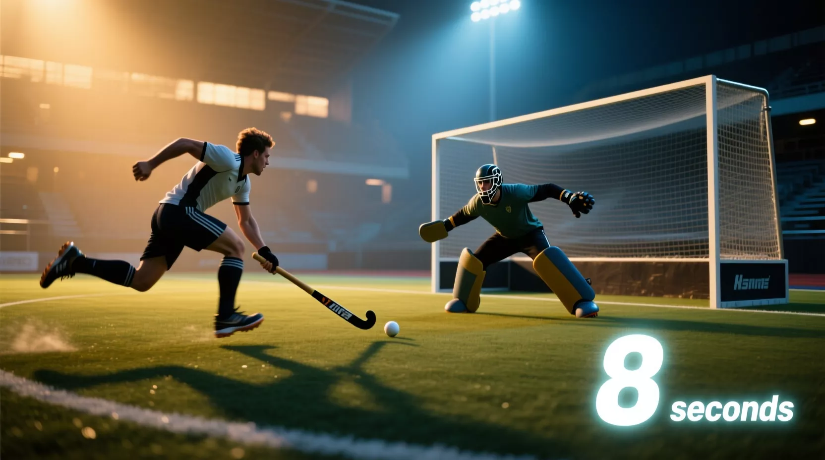 Dramatisch moment van hockey shoot-out met speler tegenover keeper