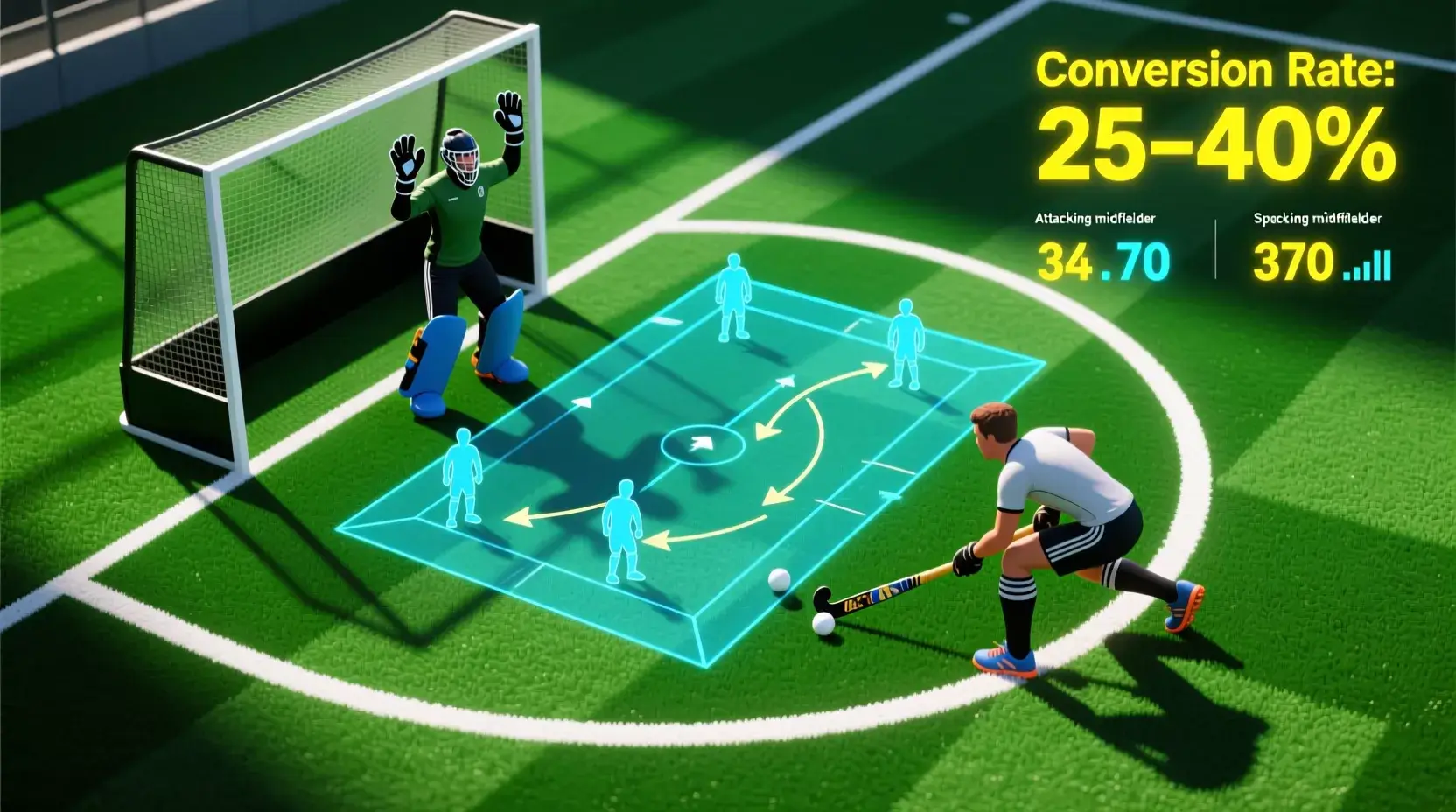 Tactische weergave van een strafcorner opstelling bij veldhockey met statistieken