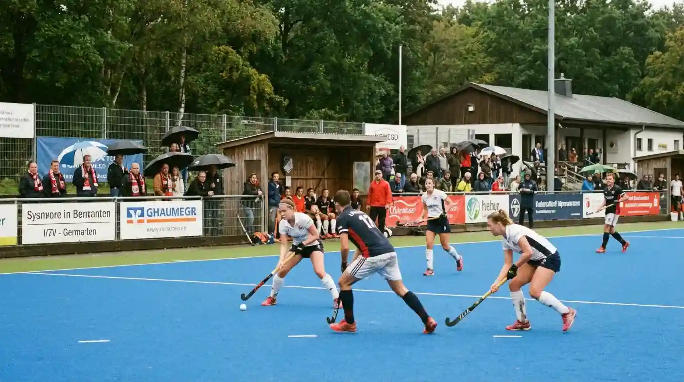 Hockeywedstrijd in een Duitse club met toeschouwers langs de zijlijn