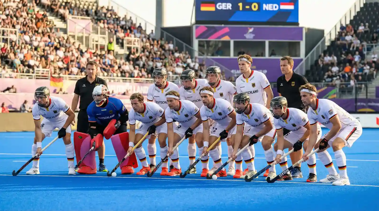 Duitse hockeyspelers in georganiseerde defensieve formatie op het veld