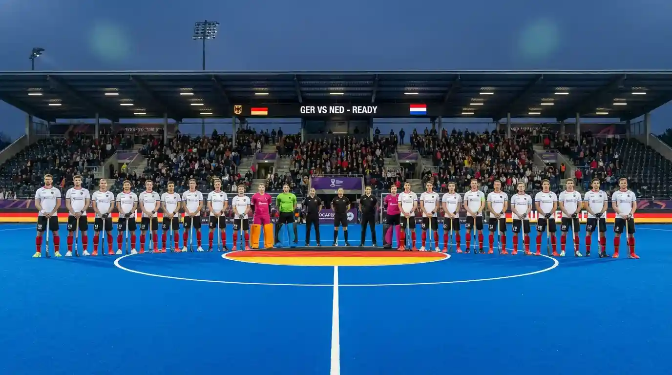 Duits hockeyteam Die Honamas in witte tenues tijdens een internationale wedstrijd