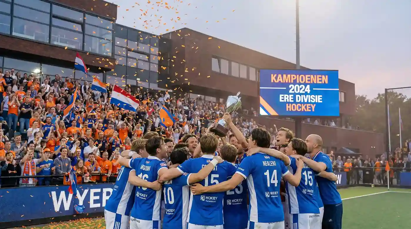 Hockeyfinale met kampioensviering en juichende supporters op de achtergrond