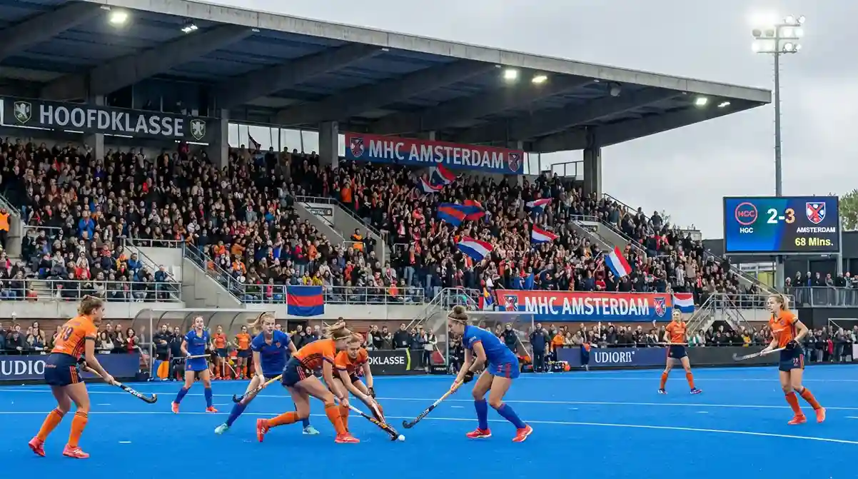 Nederlandse Hoofdklasse hockeywedstrijd met volle tribunes en intense actie op het veld