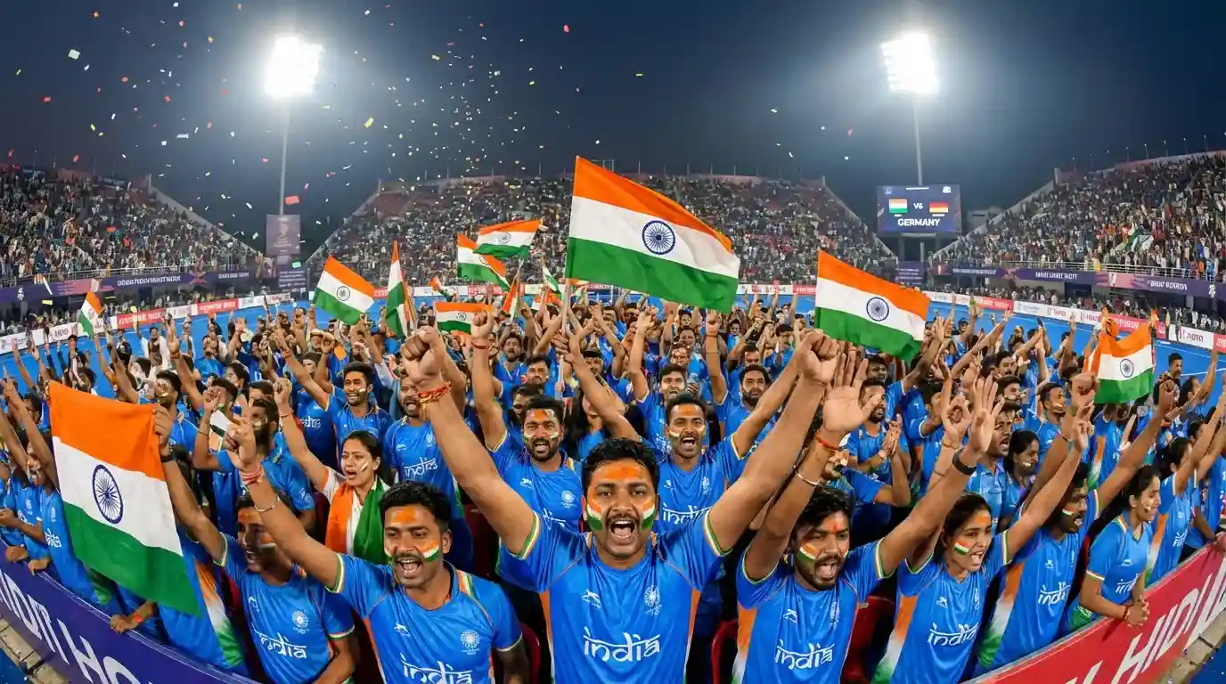 Enthousiaste Indiase hockeyfans met vlaggen die het team aanmoedigen