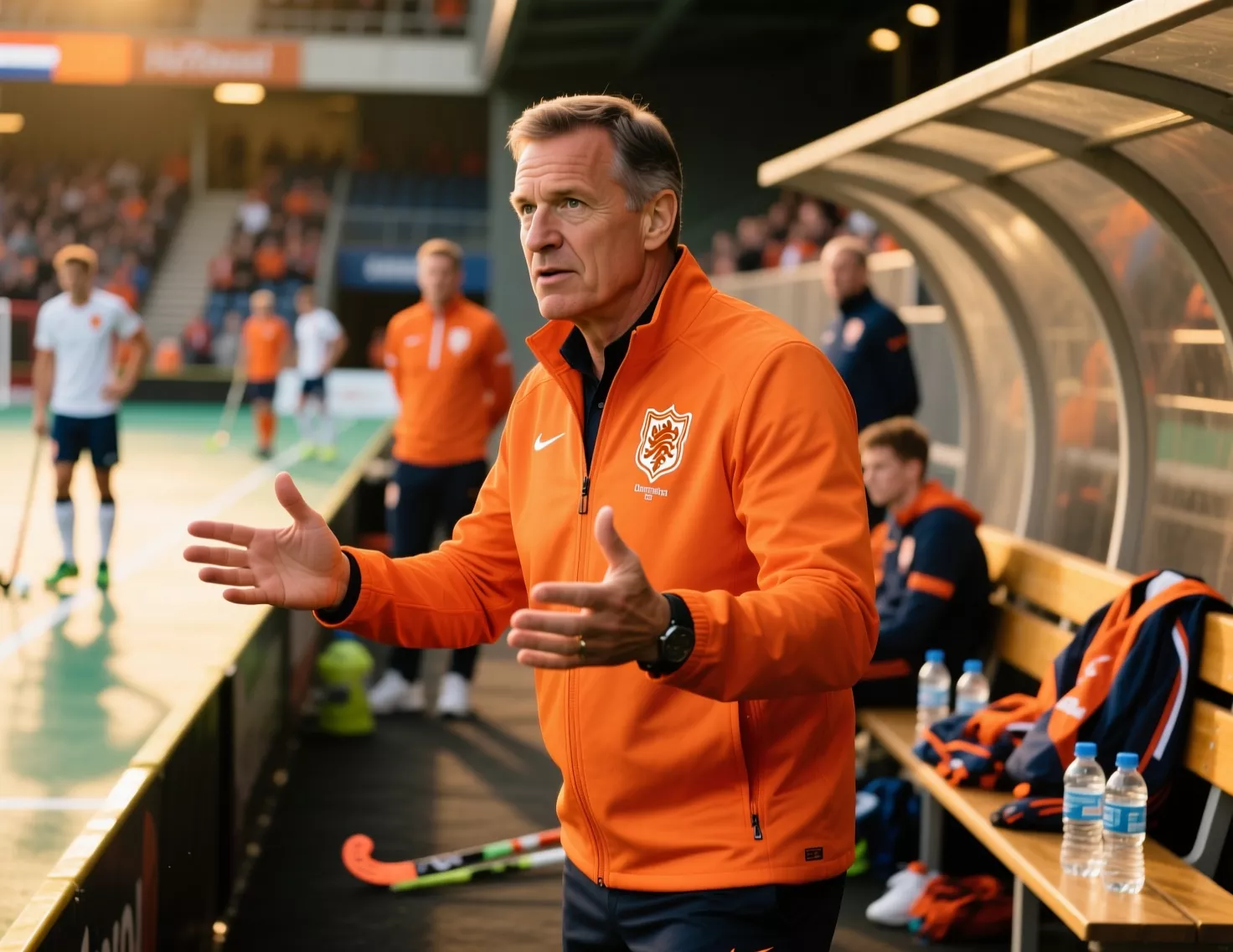 Jeroen Delmee als bondscoach van het Nederlandse hockeyteam aan de zijlijn