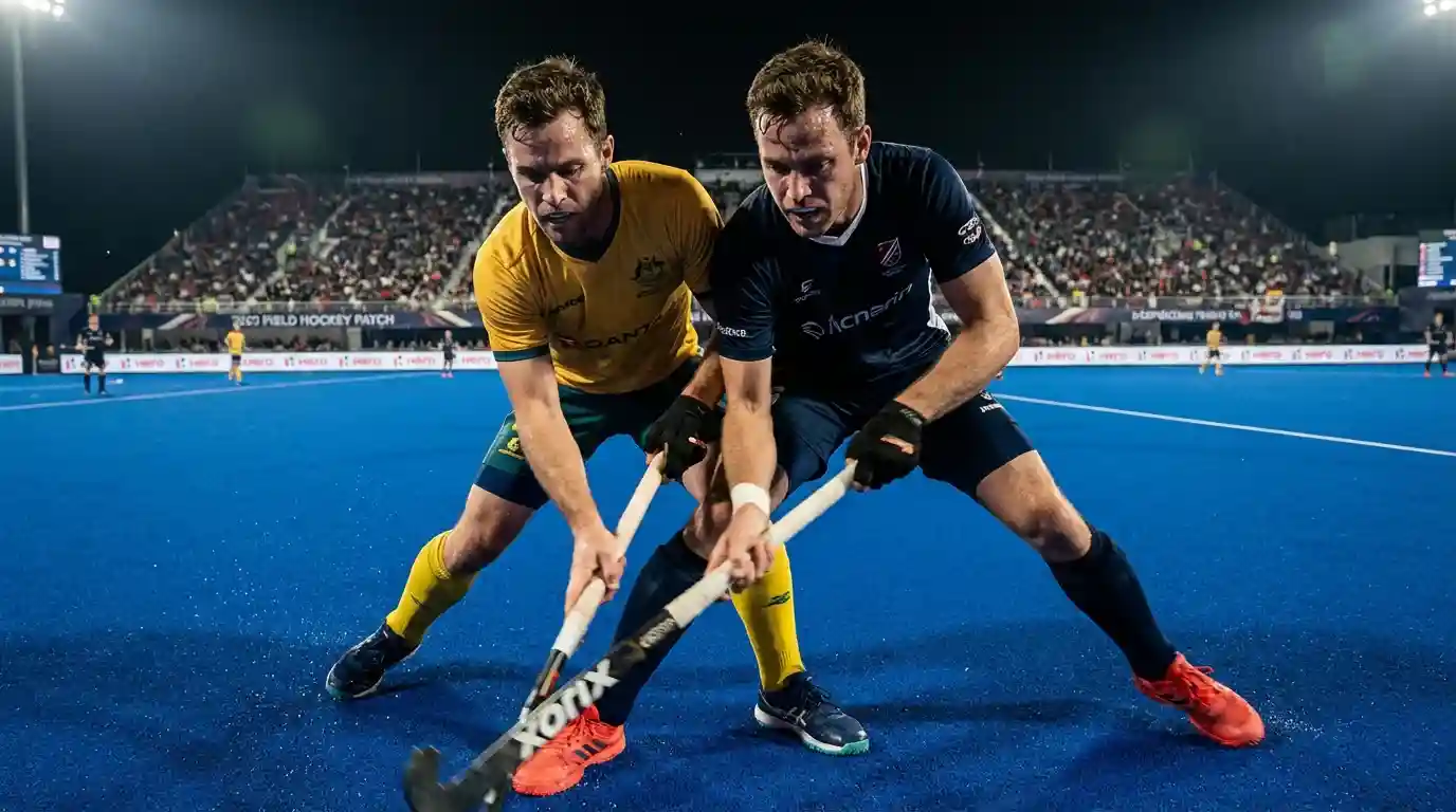 Hockeyspelers in intensief fysiek duel tijdens een wedstrijd op kunstgras