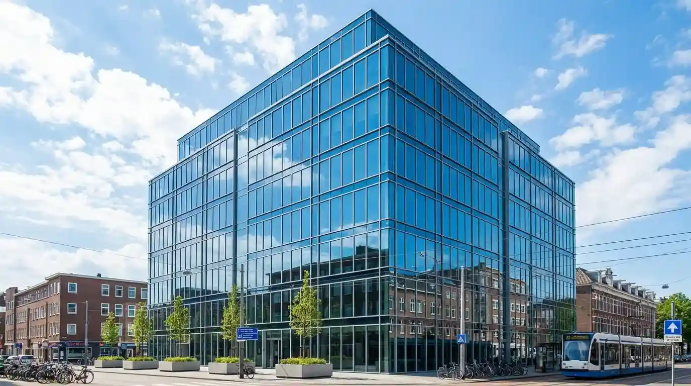 Modern kantoorgebouw met glazen gevel in een Nederlandse stad