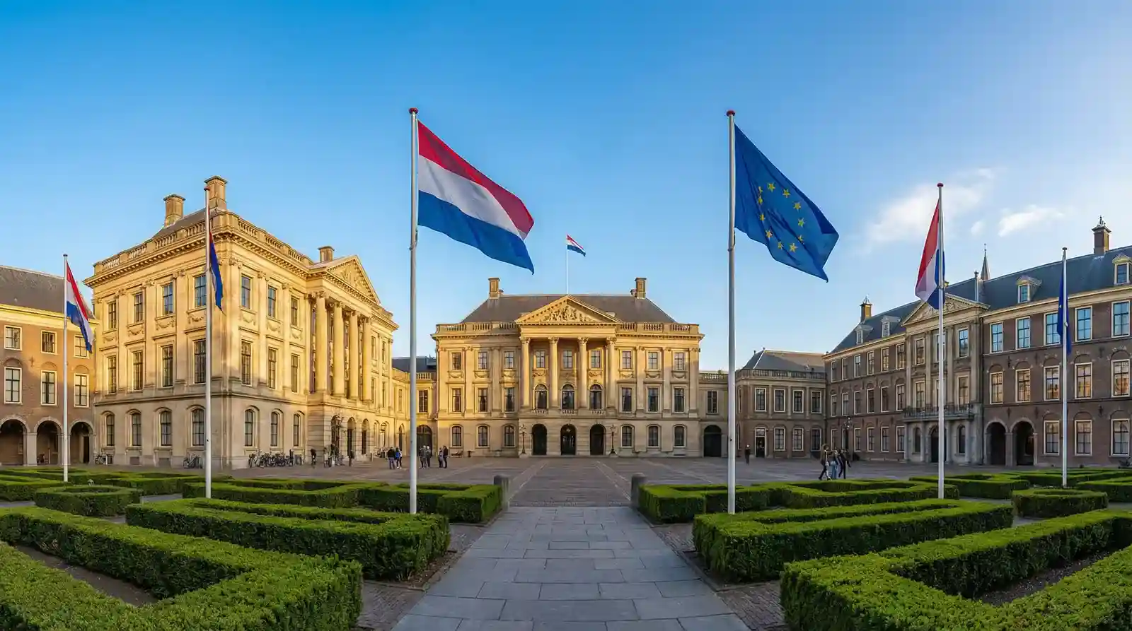 Nederlands overheidsgebouw met vlaggen in Den Haag