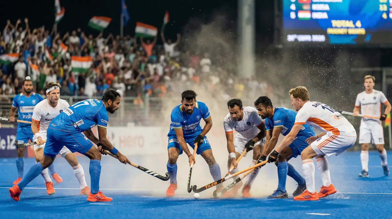 Hockeyspelers in een beslissend moment tijdens een wedstrijd met spanning op het veld