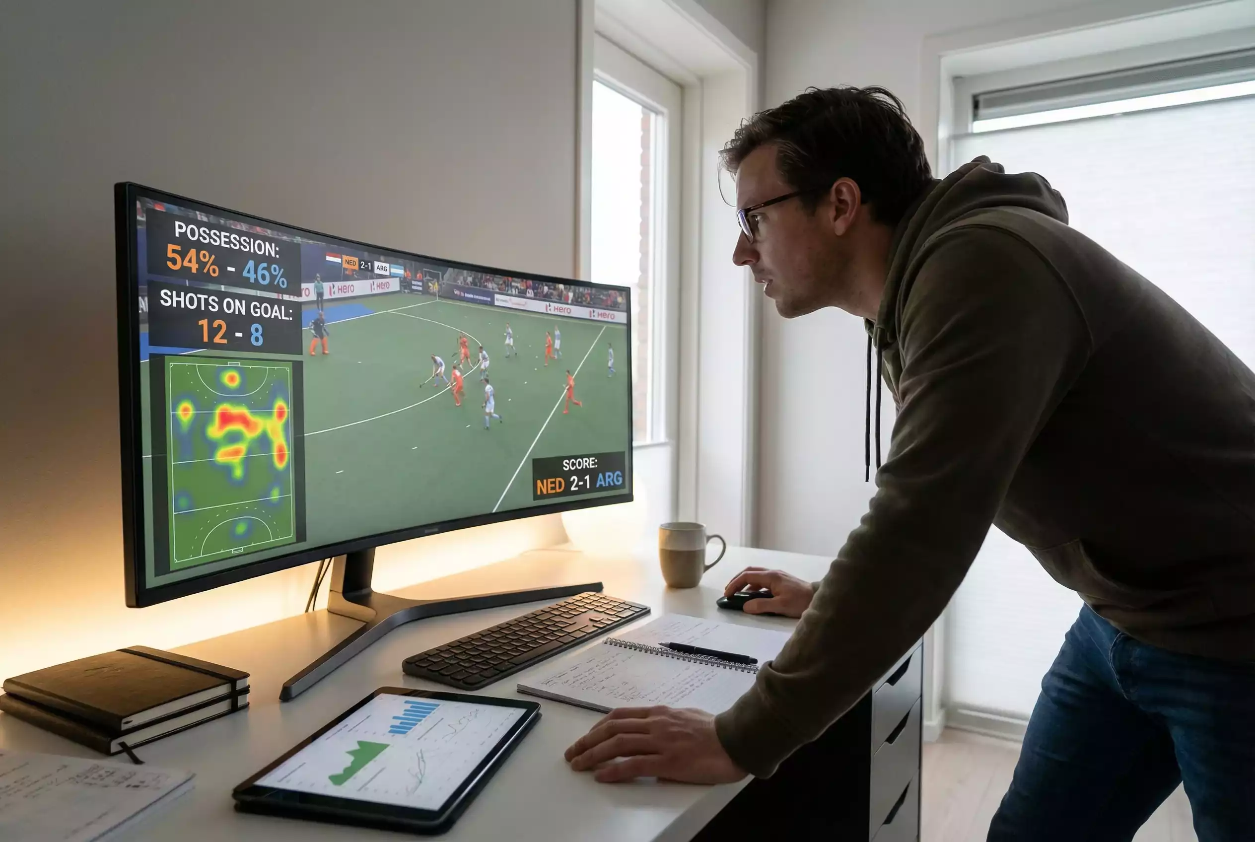 Persoon die een hockeywedstrijd bekijkt op een scherm met statistieken zichtbaar