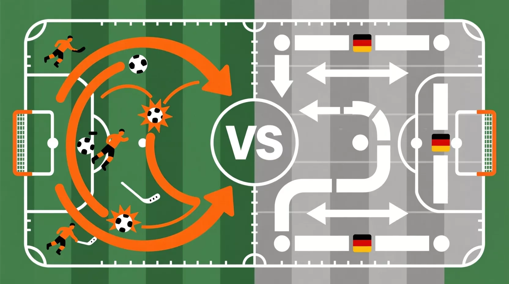 Tactische vergelijking tussen Nederlandse aanvallende en Duitse defensieve speelstijl
