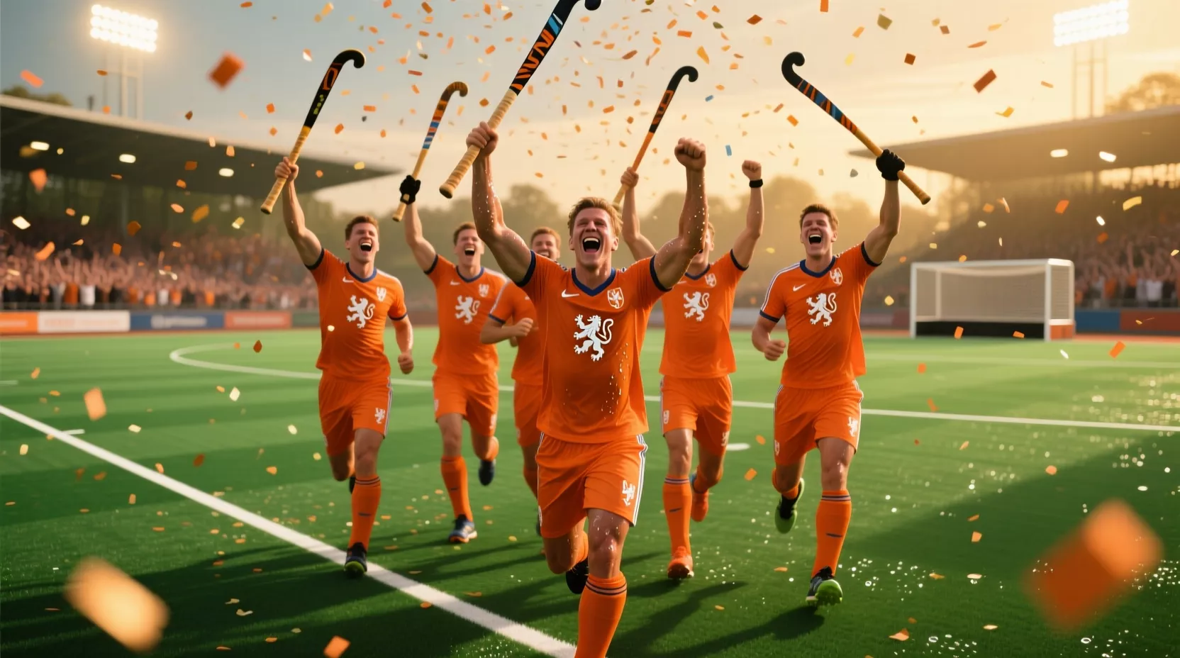 Nederlandse hockeymannen vieren overwinning in finale met opgeheven sticks