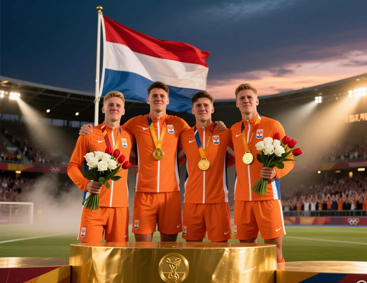 Nederlandse hockeyspelers met olympische gouden medailles op het podium