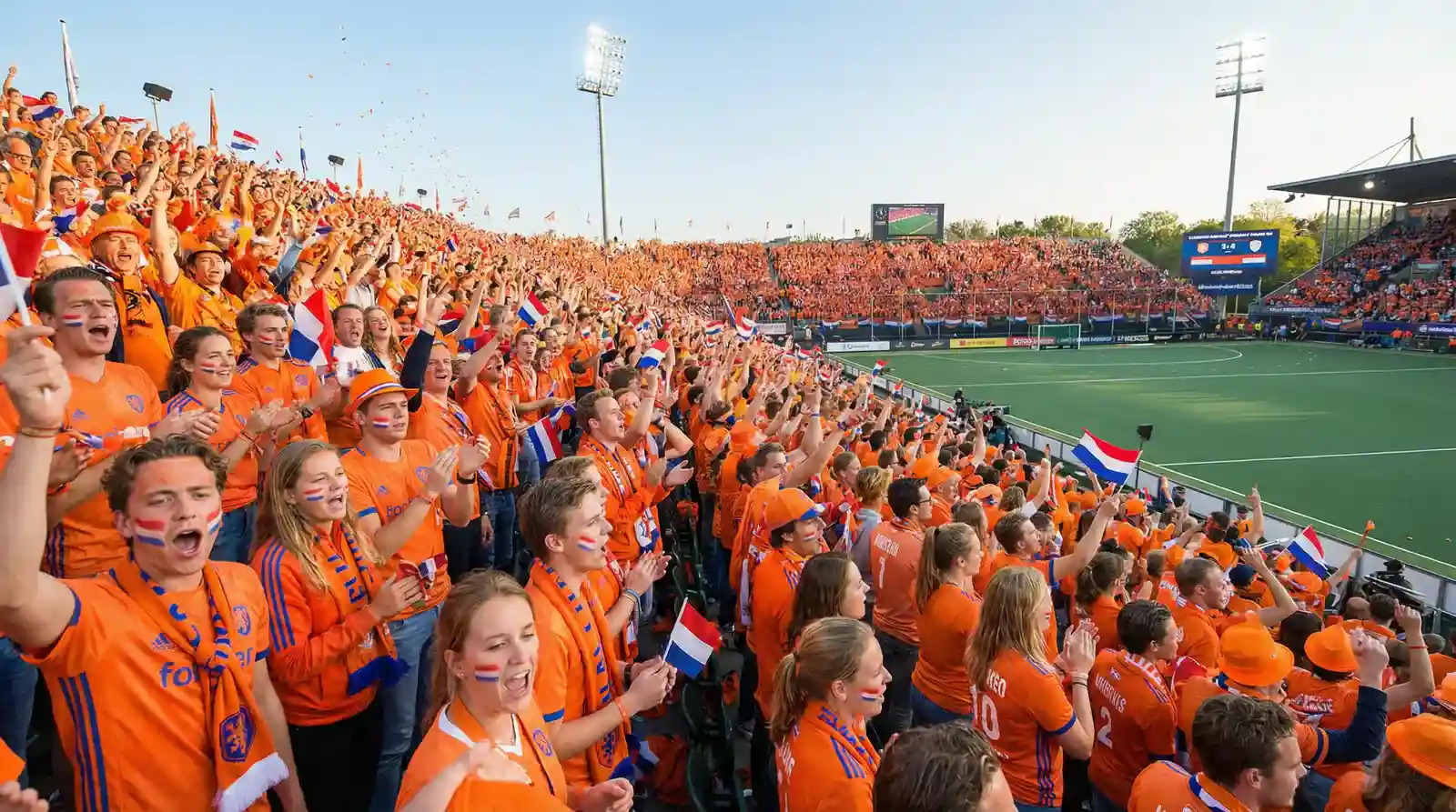 Nederlandse hockeyfans in oranje die het team aanmoedigen in een stadion