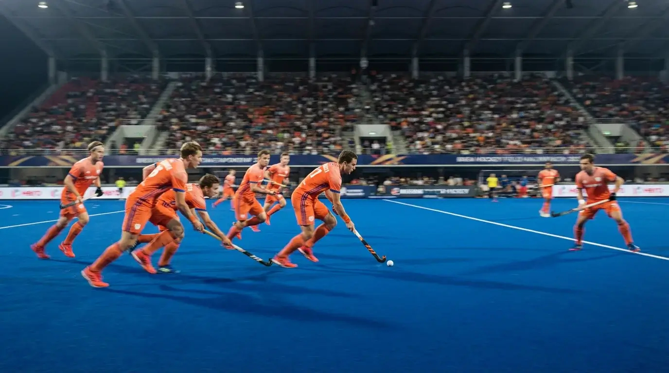 Hockeyspelers in oranje shirts in aanvallende formatie op het veld