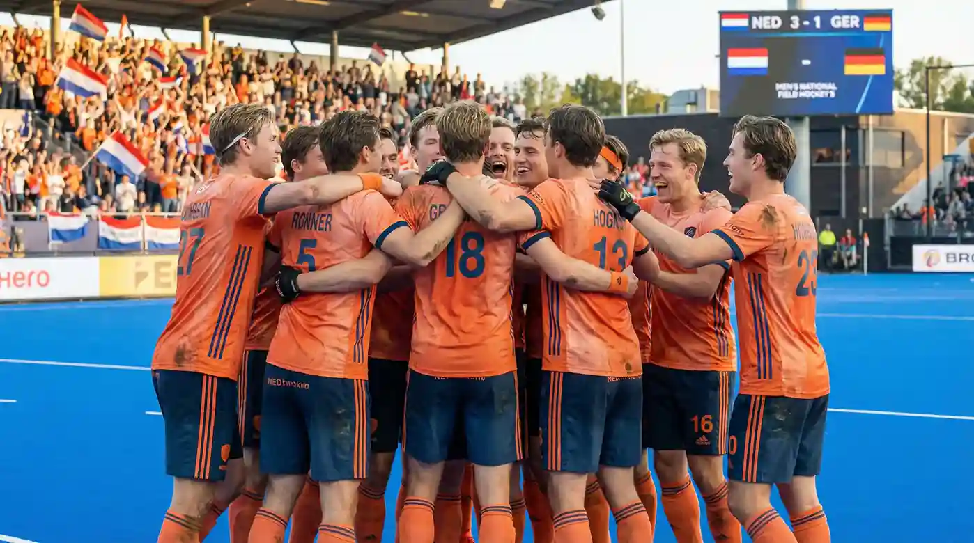 Het Nederlandse hockeyteam dat samen viert na een overwinning