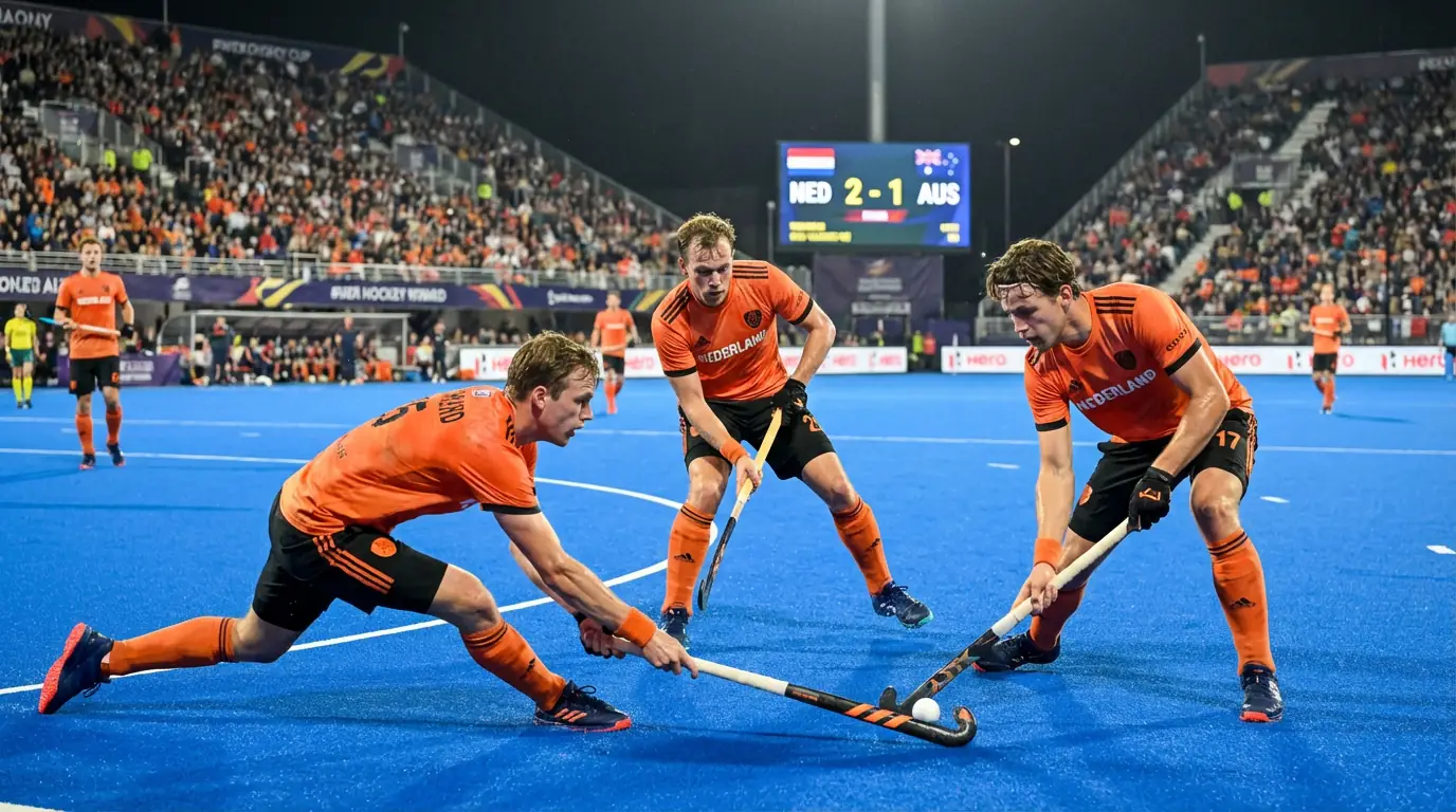 Nederlandse verdedigers in actie tijdens een intensieve hockeywedstrijd