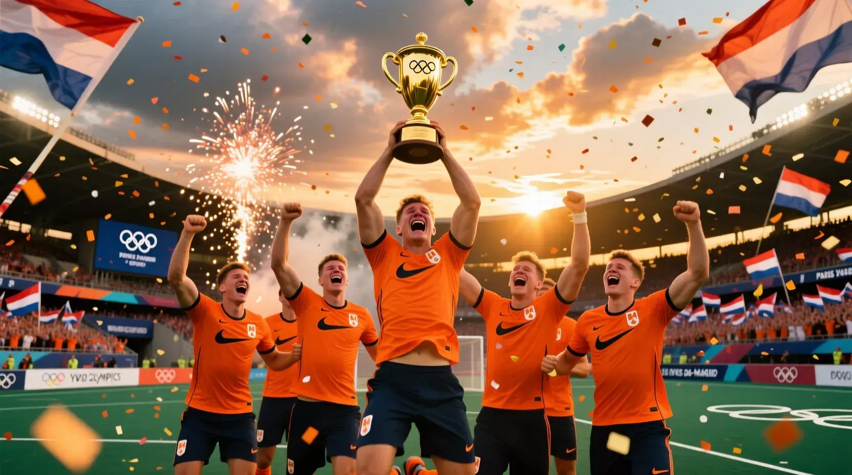 Nederlands hockeyteam viert olympisch goud in Parijs 2024 met trofee en confetti