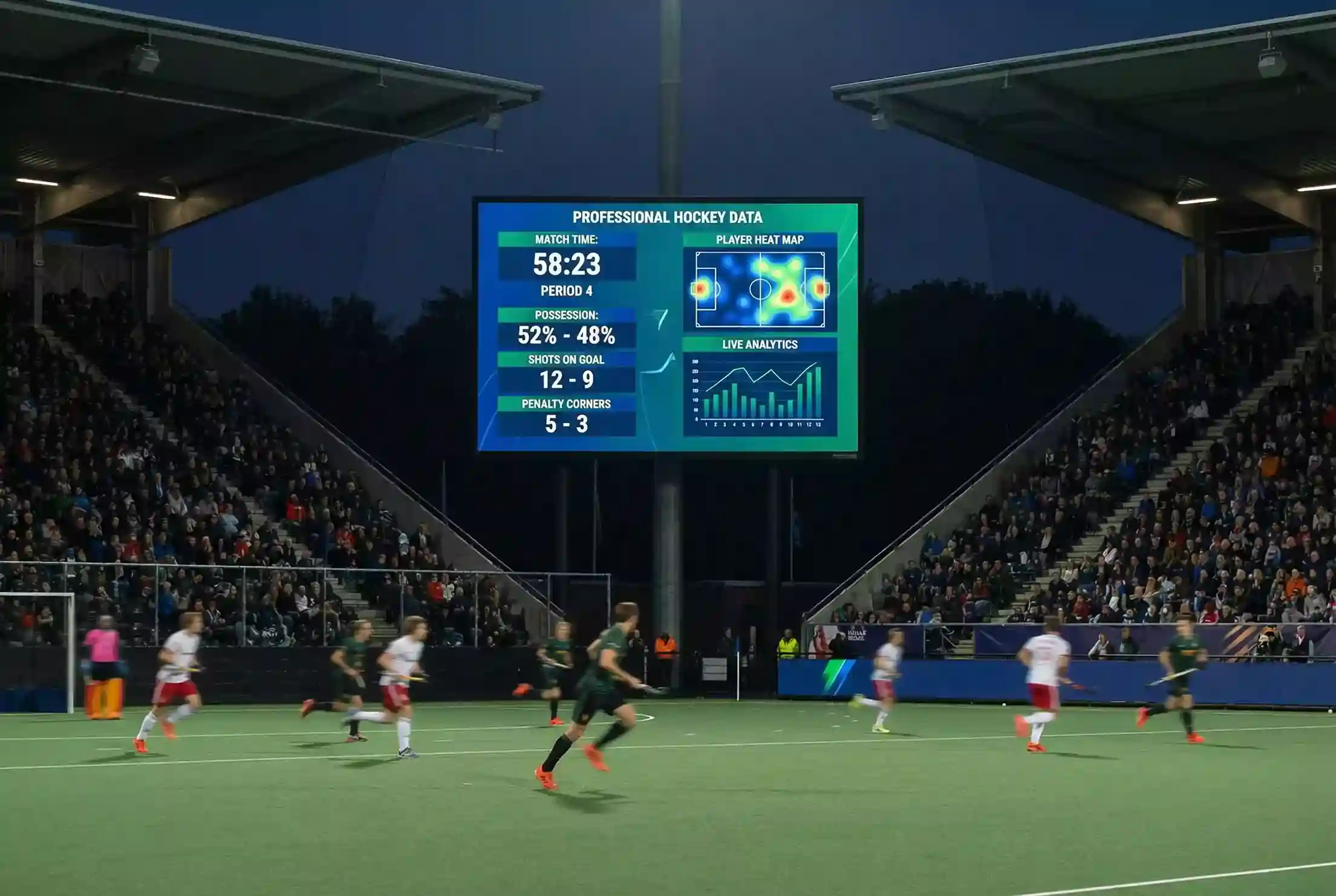 Statistiekenbord bij een hockeywedstrijd met wedstrijdgegevens