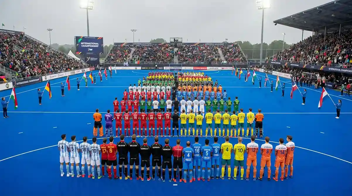 Hockeyspelers van verschillende nationaliteiten klaar voor een internationale wedstrijd