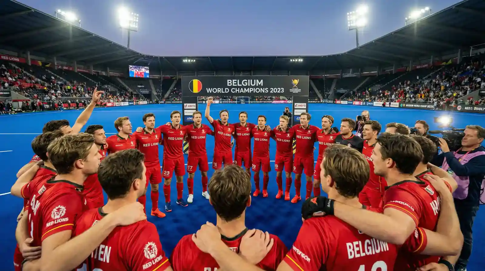 Belgisch hockeyteam de Red Lions in rode tenues op het internationale podium
