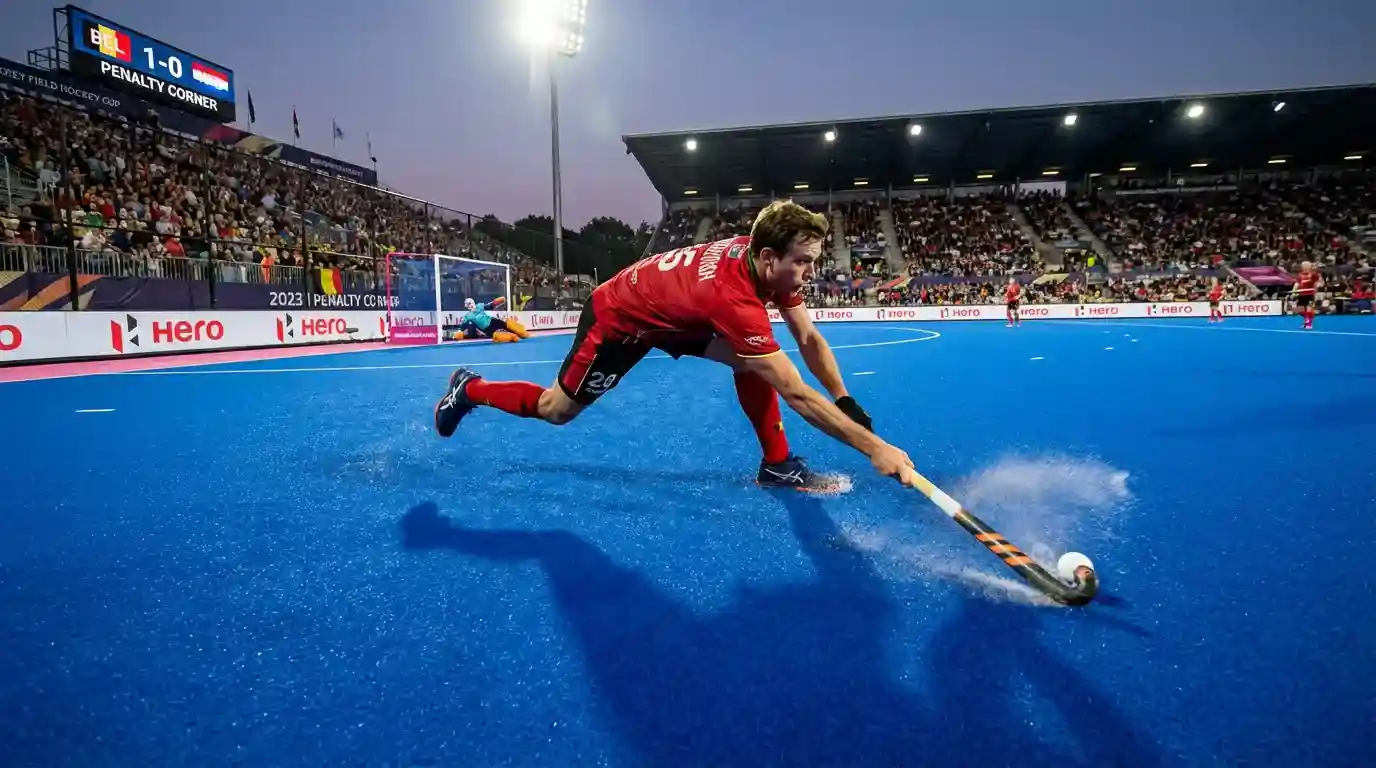 Belgische hockeyspeler die een strafcorner neemt met krachtige dragflick
