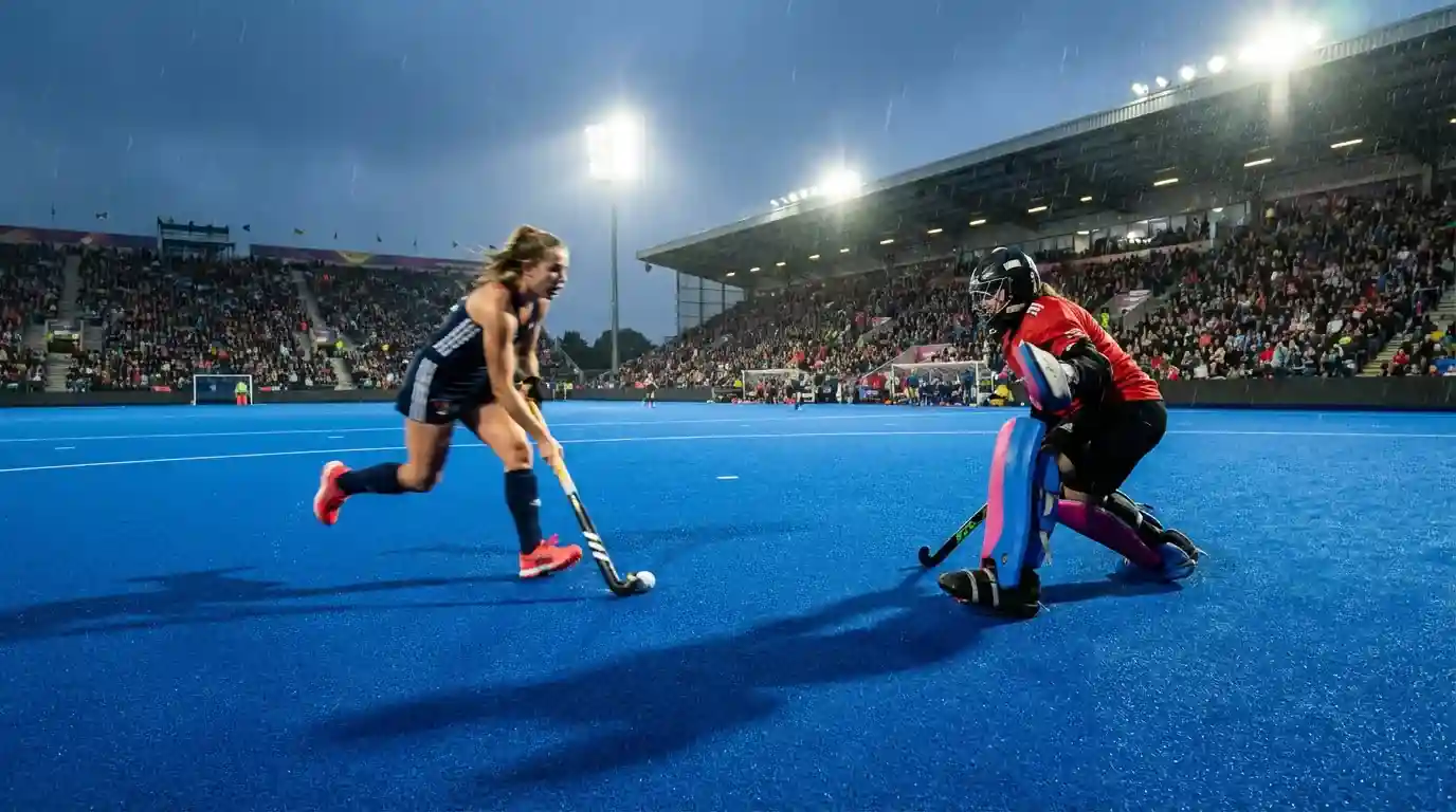 Hockeyspeler die één-op-één op de keeper afstormt tijdens een shoot-out