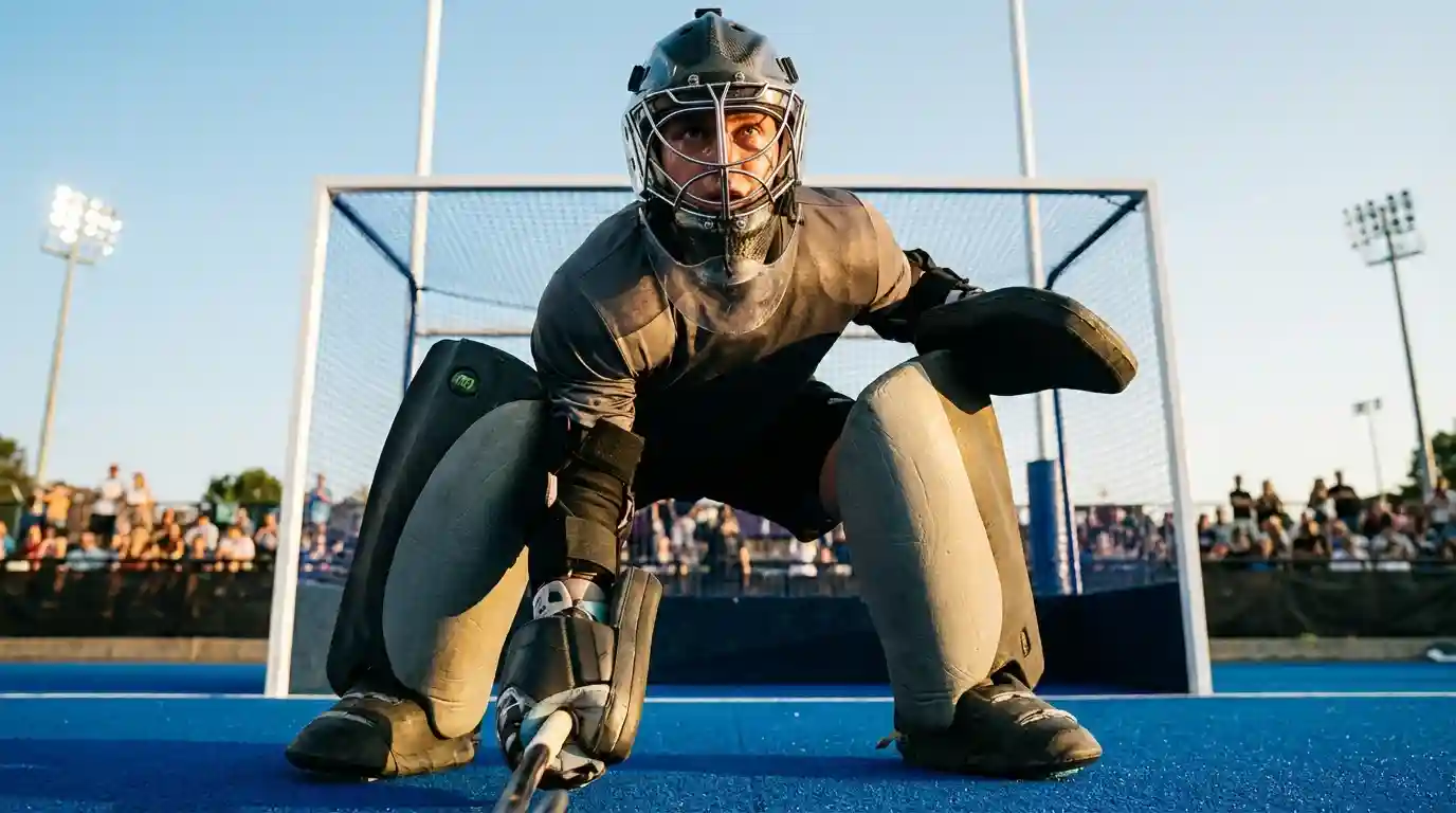Hockeykeeper in volle uitrusting klaar om een schot te stoppen