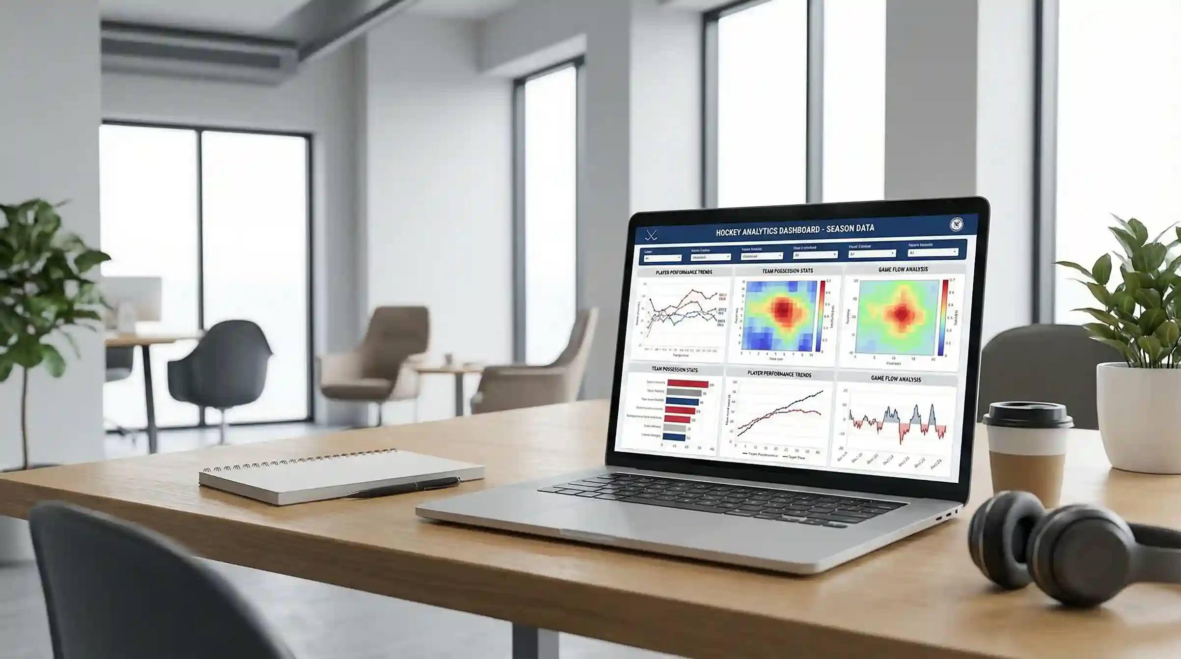 Laptop met hockeyanalyse en grafieken op het scherm in een werkruimte