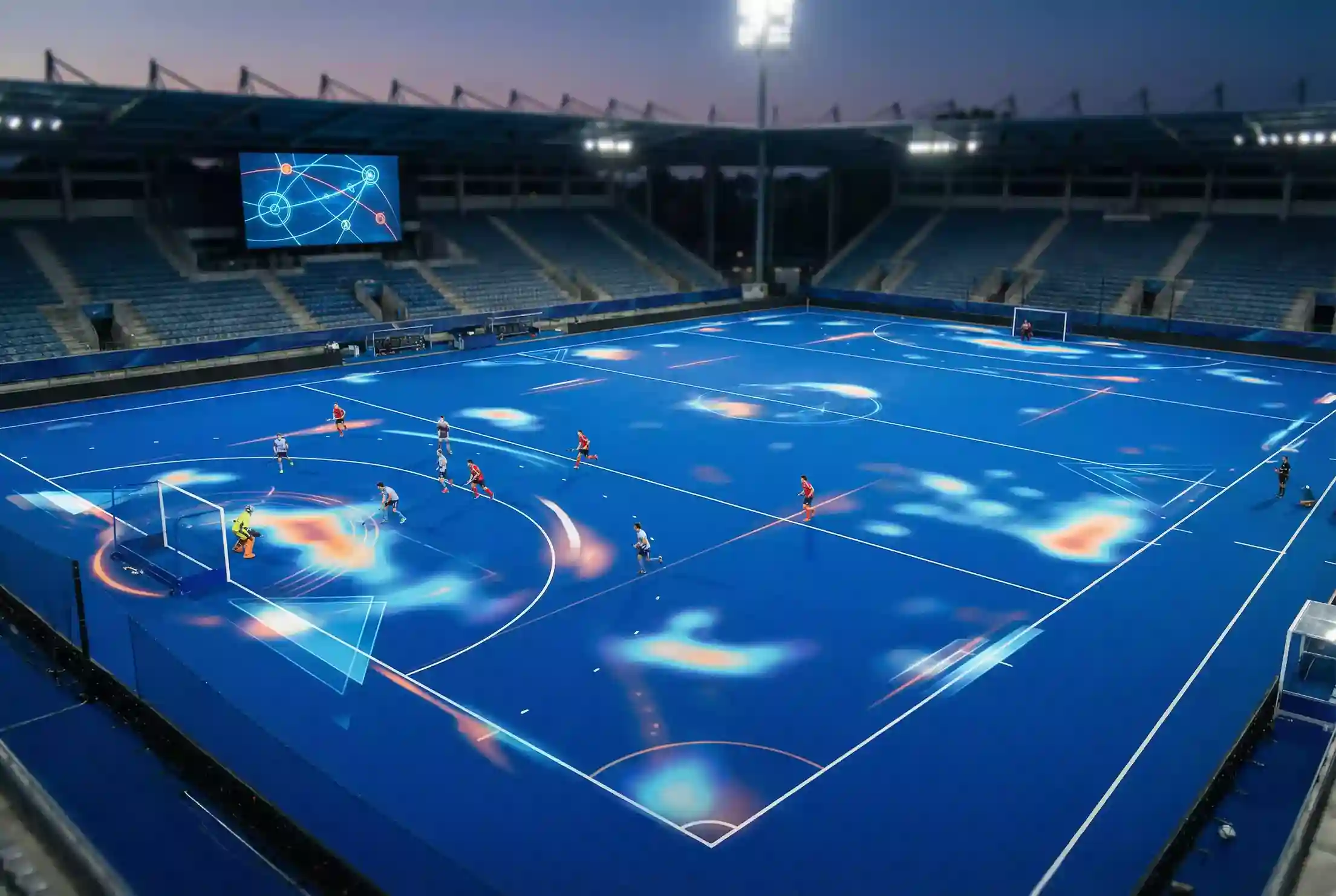 Hockeyveld met datavisualisatie elementen die statistieken en analyse suggereren