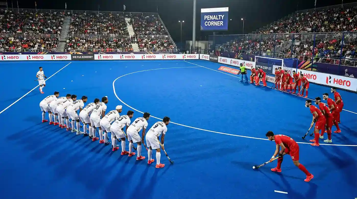 Hockeyspelers opgesteld voor een strafcorner met duidelijke formatie zichtbaar