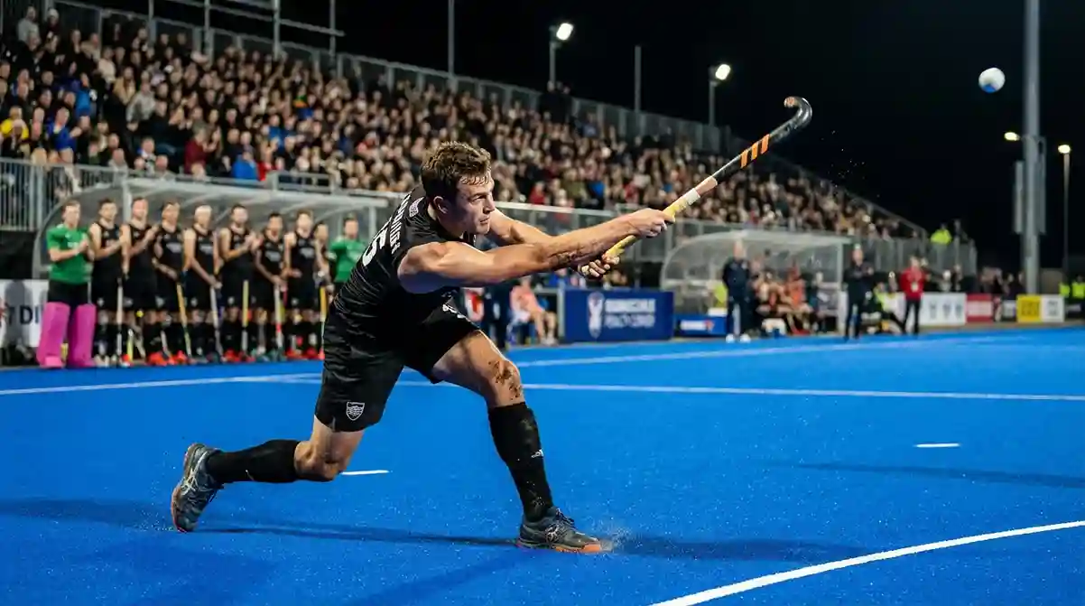 Hockeyspeler die een krachtige dragflick uitvoert bij een strafcorner