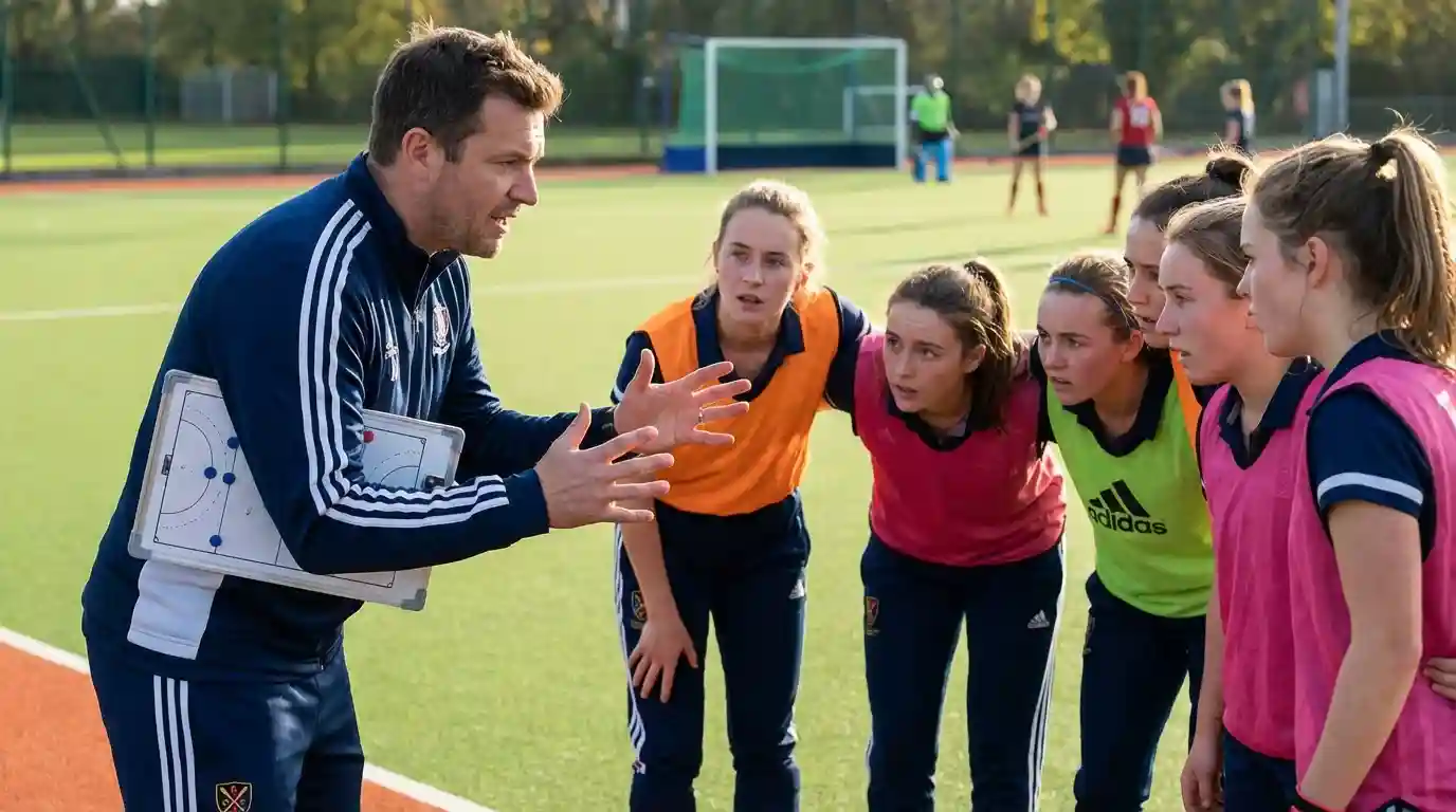Hockeycoach die tactische aanwijzingen geeft aan spelers langs de zijlijn