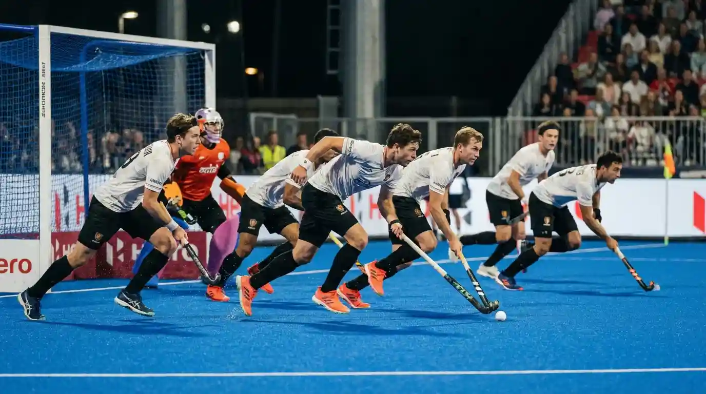 Verdedigers die uitlopen om een strafcorner te blokken op een hockeyveld