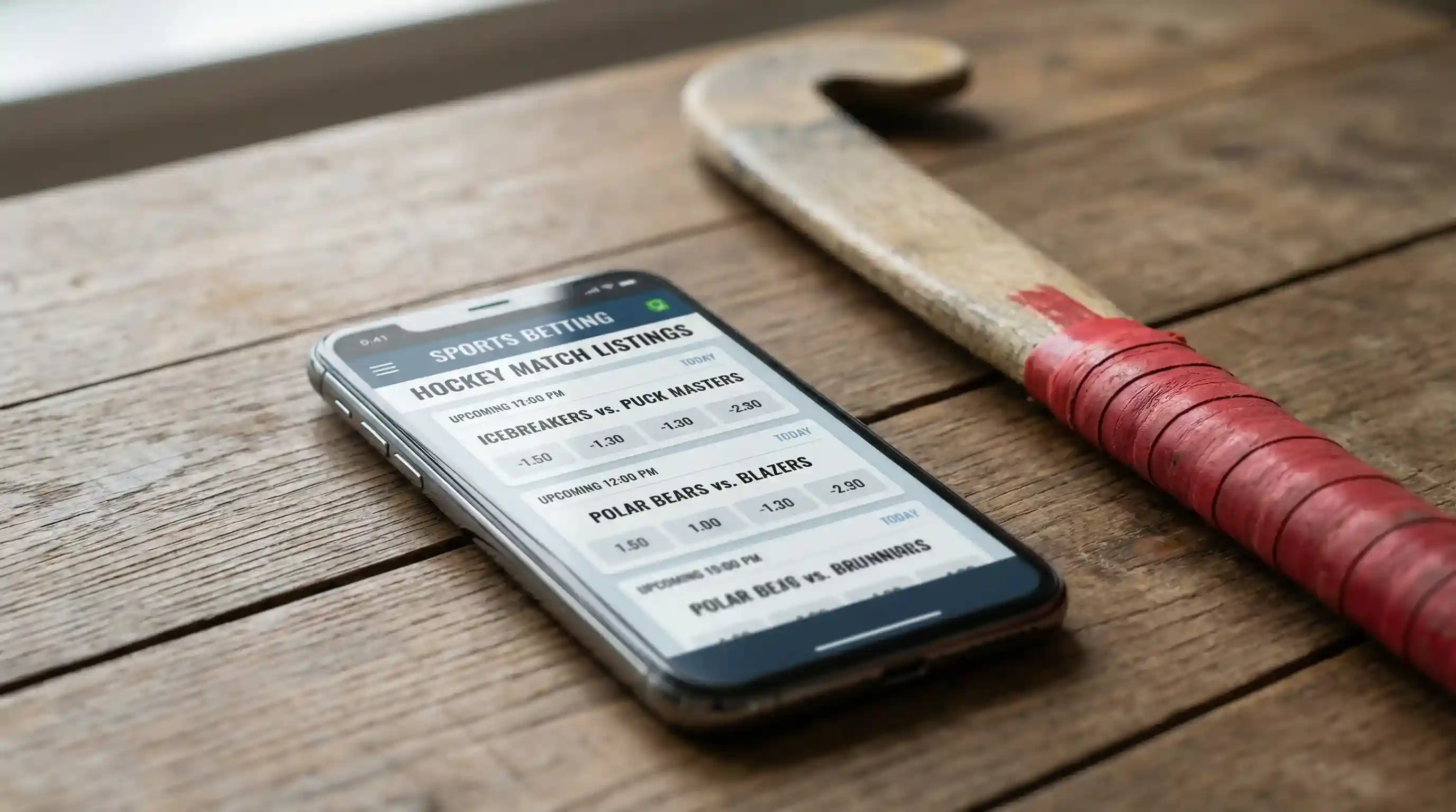 Smartphone met sportweddenschappen app op een tafel naast een hockeystick